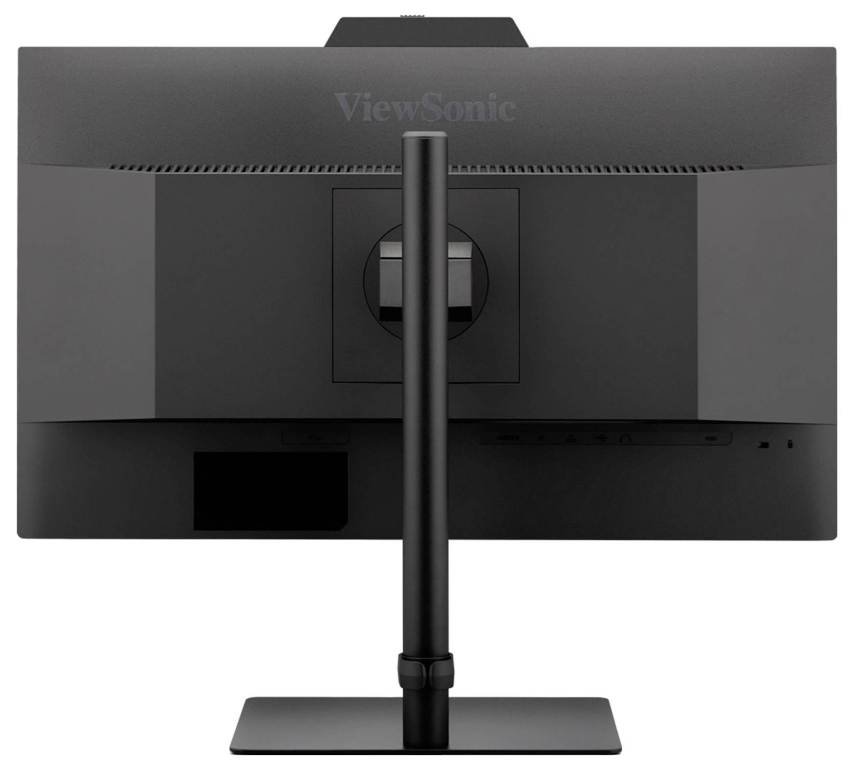 L'image montre la vue arrière d'un moniteur d'ordinateur noir avec un support central, arborant le logo 'ViewSonic' en haut.