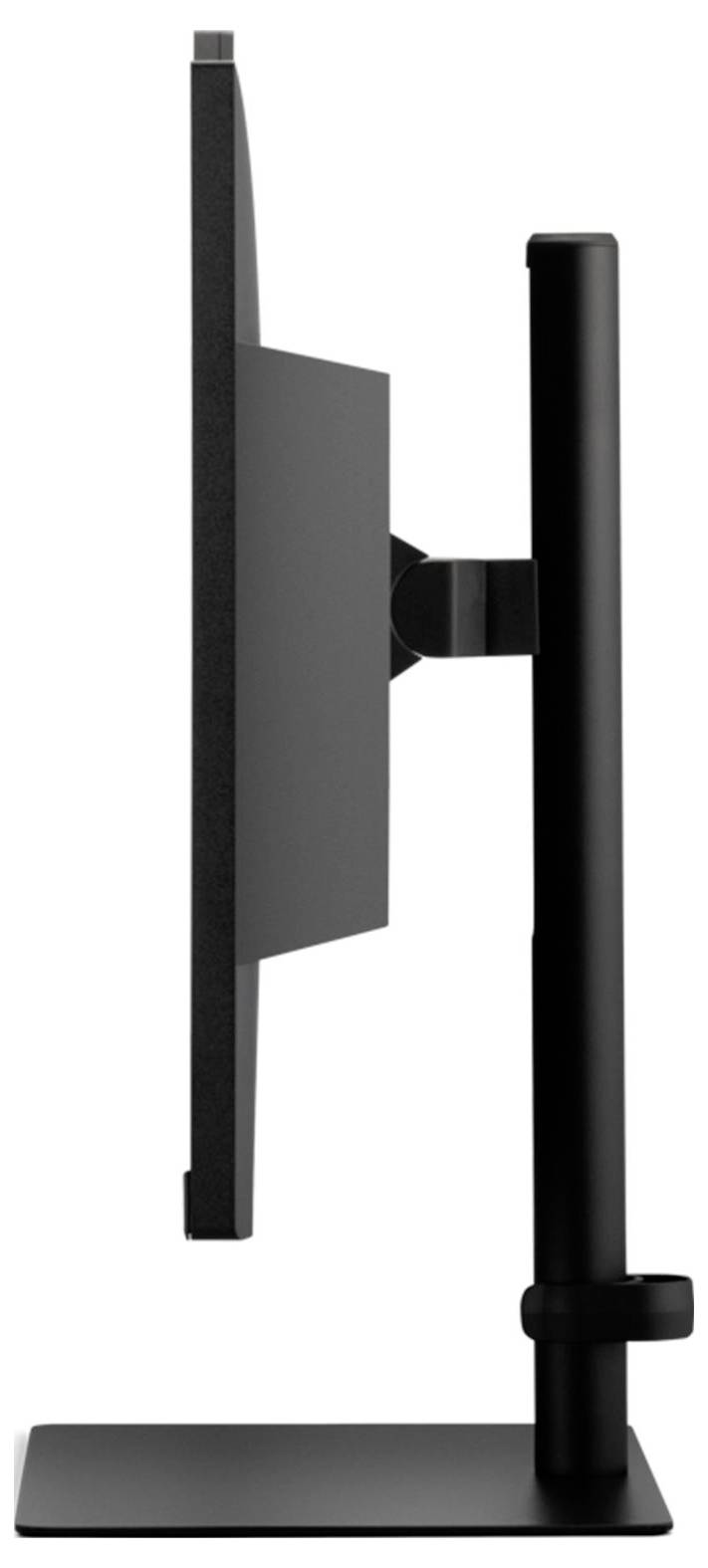 Vue de côté d'un écran plat noir sur un support, montrant son profil fin et sa fonctionnalité de réglage en hauteur.