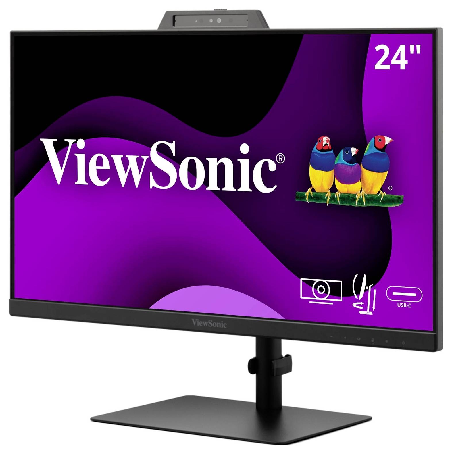 Un écran ViewSonic de 24 pouces affichant trois oiseaux colorés sur un fond violet. Des icônes indiquent des fonctionnalités comme une webcam intégrée et une connectivité USB-C.