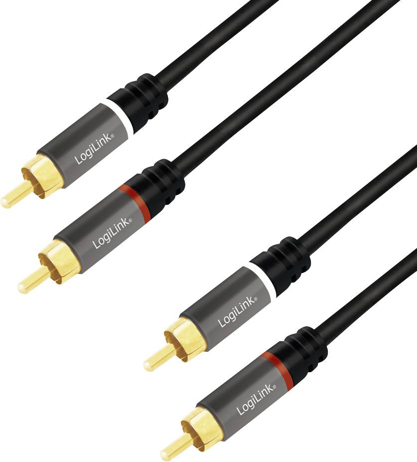 Deux câbles coaxiaux noirs munis de connecteurs plaqués or ; chacun portant un anneau blanc et rouge indiquant les canaux audio gauche et droite.
