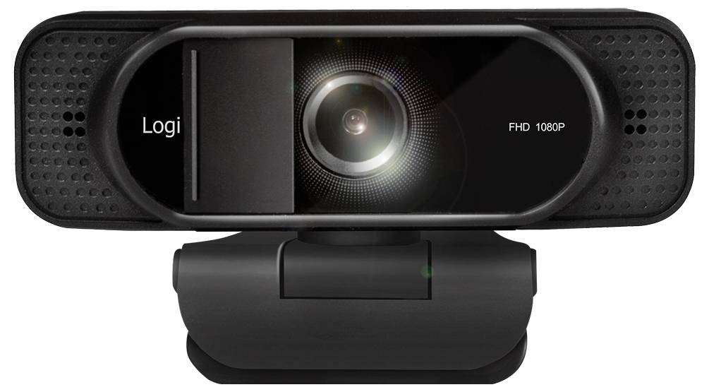 Une webcam noire avec un objectif au centre, étiquetée « FHD 1080P » et « Logi », montée sur un support ajustable pour l'enregistrement vidéo ou le streaming.