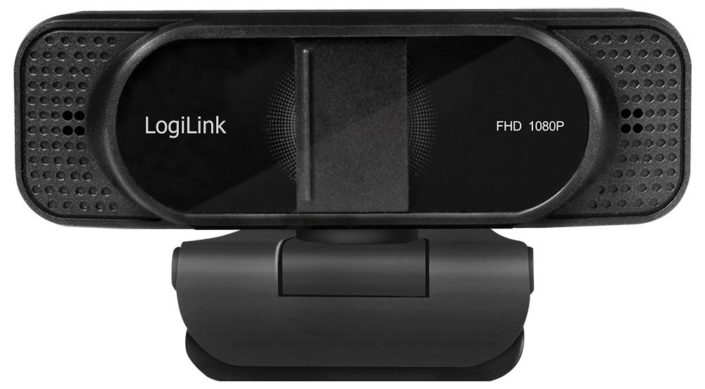 Une webcam LogiLink FHD 1080P noire au design rectangulaire avec un support visible en dessous, destinée aux visioconférences ou au streaming.