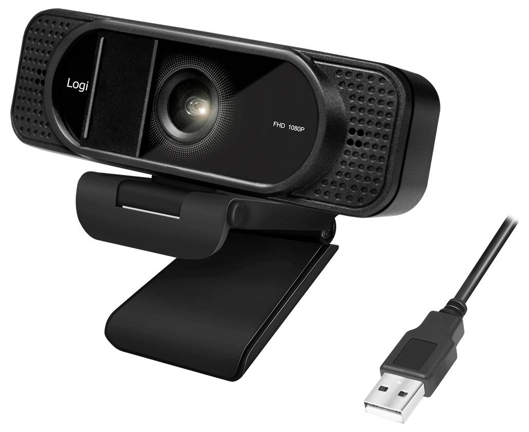 Une webcam noire avec port USB, portant l'étiquette « FHD 1080p » sur sa façade avant, équipée d'un objectif et d'un microphone. Elle se connecte via un câble USB visible à côté d'elle.