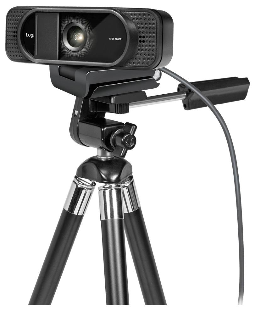 Une webcam noire montée sur un trépied, dotée d'une tête ajustable et d'un câble attaché, conçue pour l'enregistrement vidéo ou la communication en ligne.