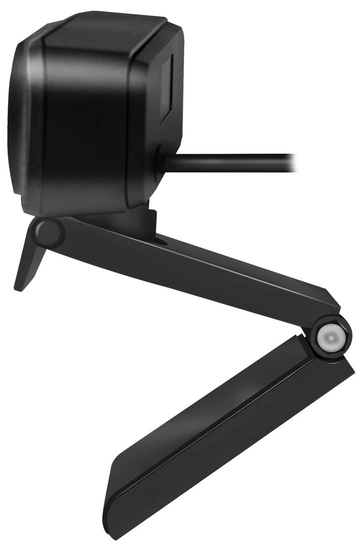 Une webcam noire au design épuré est présentée de profil, montée sur un support anguleux et ajustable.