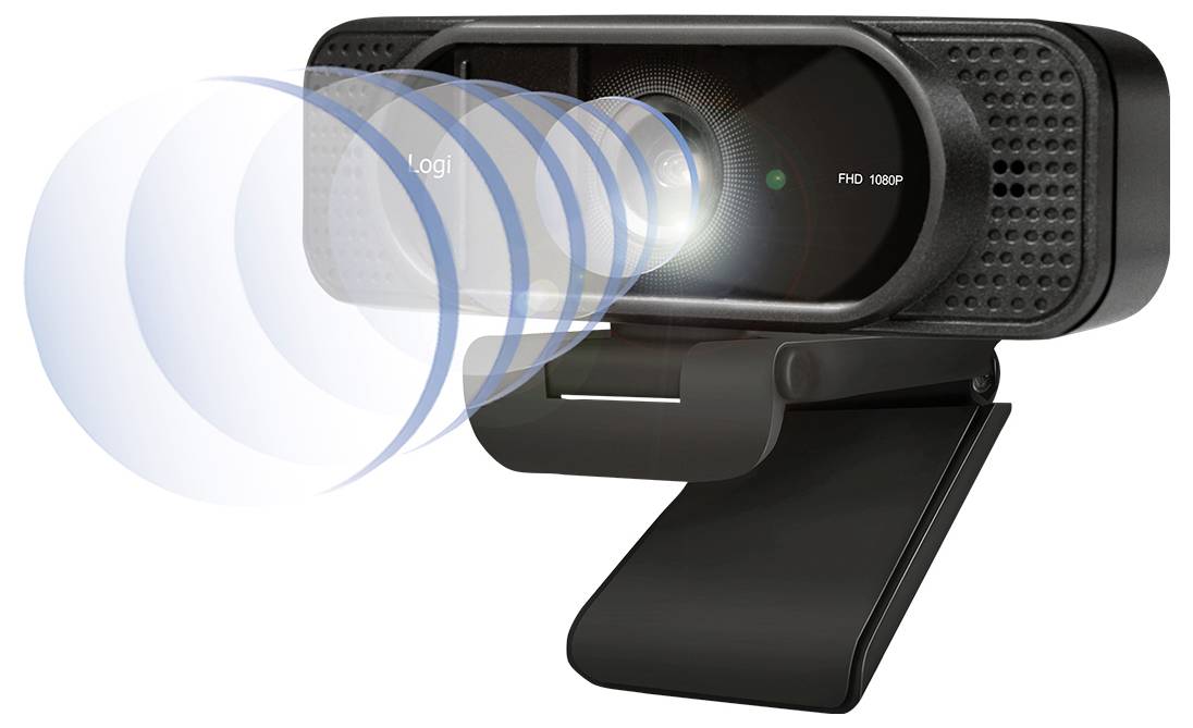 Une webcam noire avec une pince est posée sur une surface, émettant un faisceau visible pour illustrer sa capacité d'autofocus. Elle est étiquetée « FHD 1080P ».