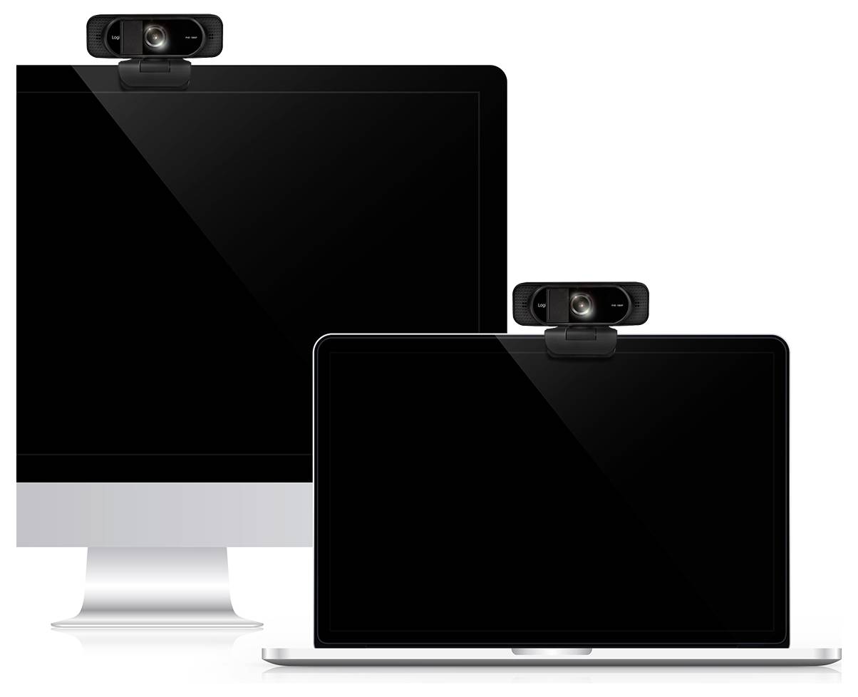 Deux écrans d'ordinateur avec des webcams fixées au-dessus. Un est un moniteur et l'autre un ordinateur portable, tous deux avec des écrans noirs.