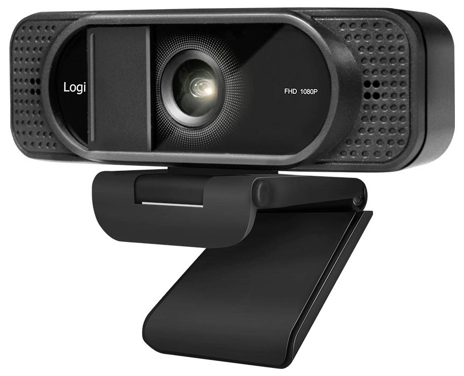 Une webcam noire avec support de fixation à pince, étiquetée « FHD 1080P », conçue pour les appels vidéo et la communication en ligne.