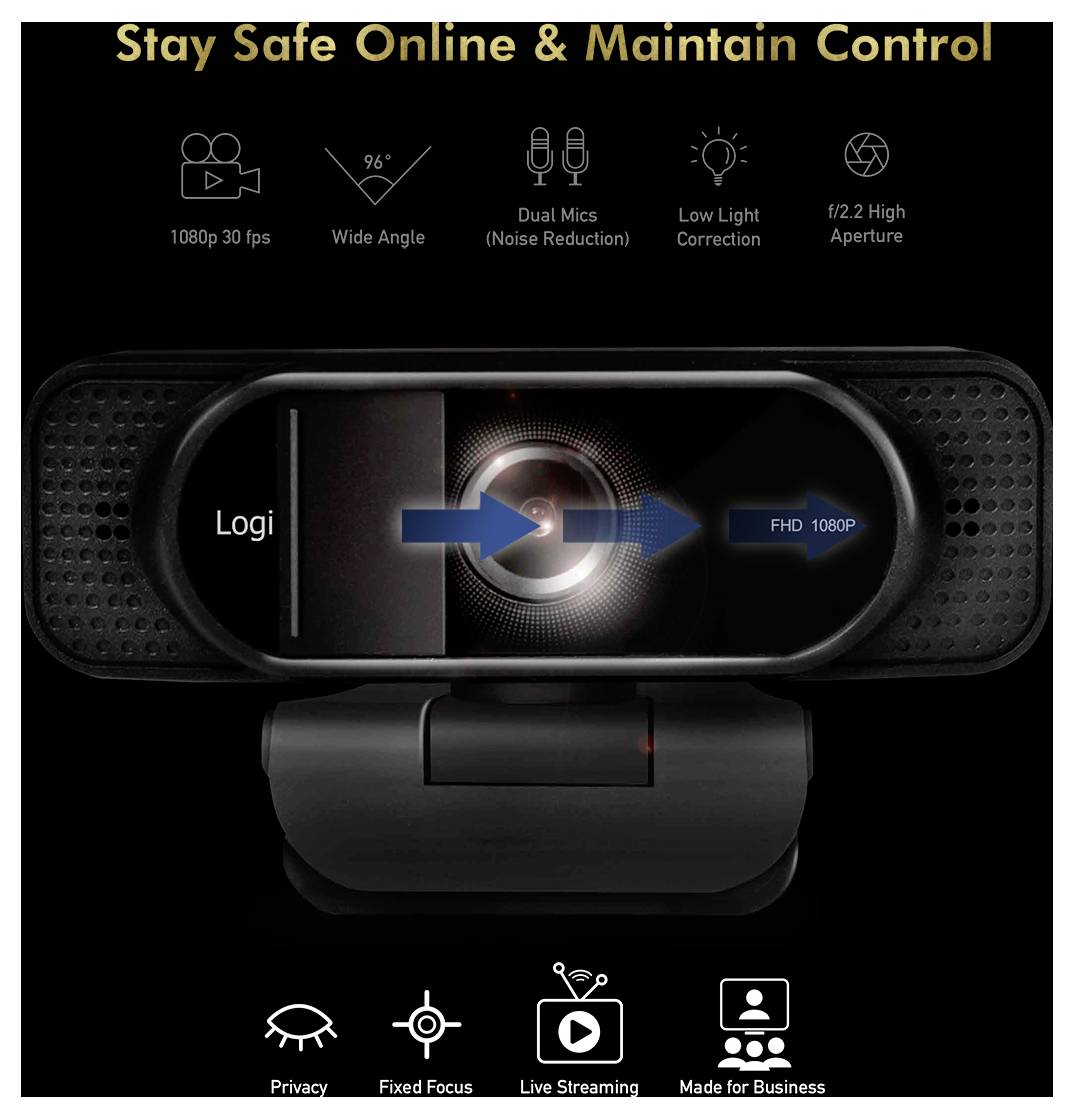 Une webcam noire avec les caractéristiques suivantes : 1080p 30 ips, angle de 96°, double microphones, correction de luminosité faible, ouverture f/2,2. Texte : « Restez en sécurité en ligne et gardez le contrôle »