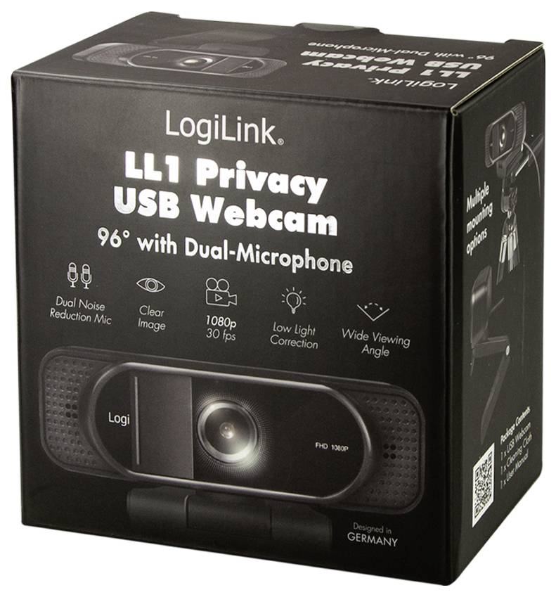 Une boîte noire affiche 'LogiLink LL1 Webcam USB Confidentialité, 96° avec Double-Microphone, 1080p 30 ips, conçue en Allemagne' et ses caractéristiques principales.