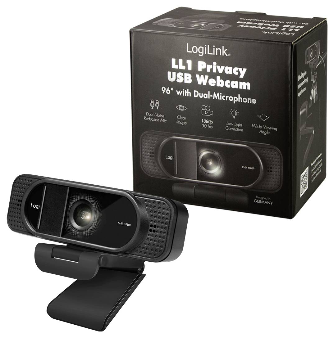 Une webcam USB LogiLink noire avec un double microphone est présentée à côté de sa boîte d'emballage, mettant en évidence des fonctionnalités telles que la résolution 1080p et la correction de l'éclairage en conditions de faible luminosité.