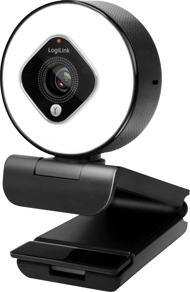 Une webcam ronde au design noir et argenté, montée sur un support réglable.