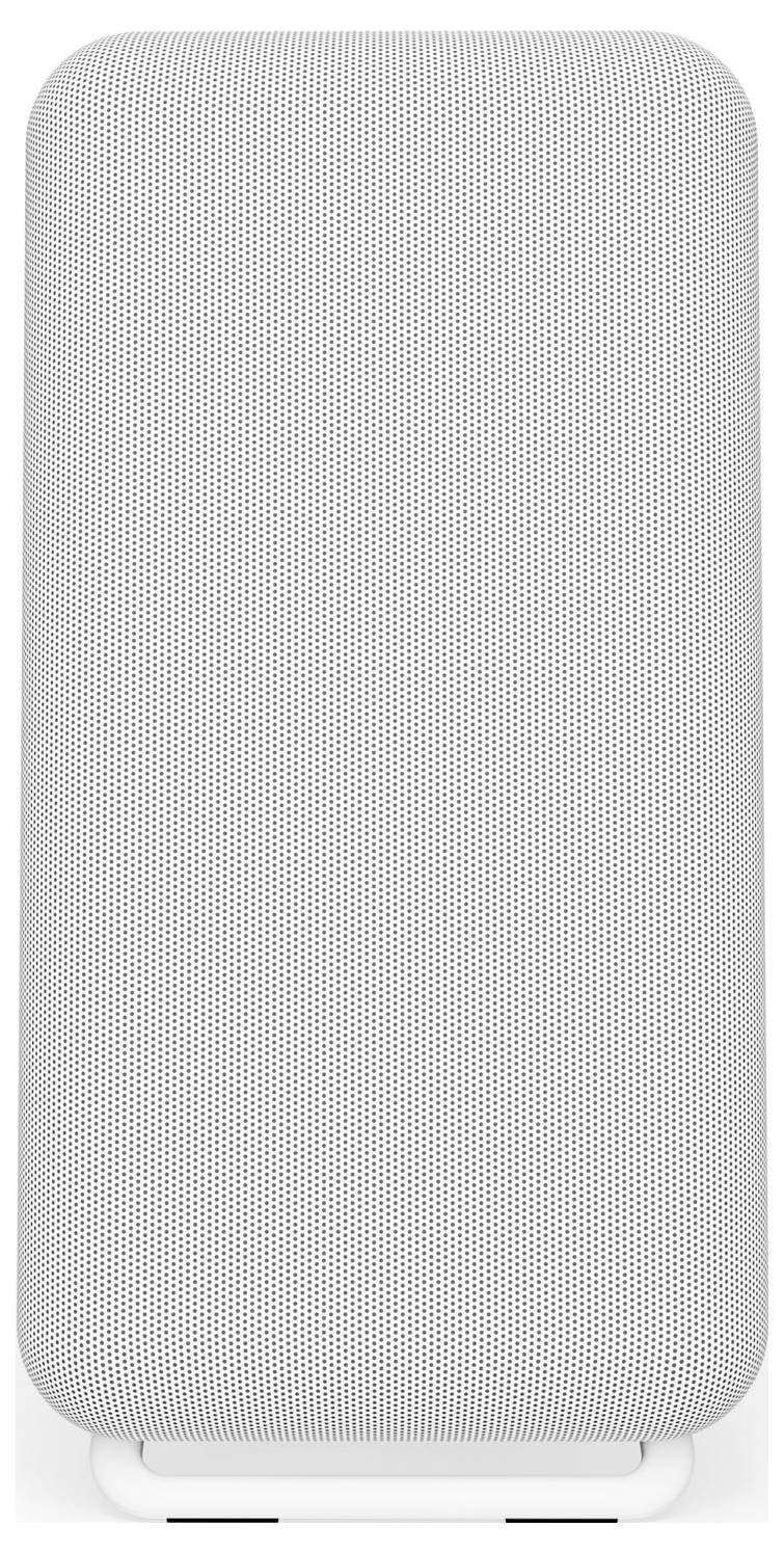 Un haut-parleur intelligent rectangulaire recouvert de tissu blanc aux bords arrondis, conçu pour l'audio domestique et les fonctionnalités d'assistant vocal.