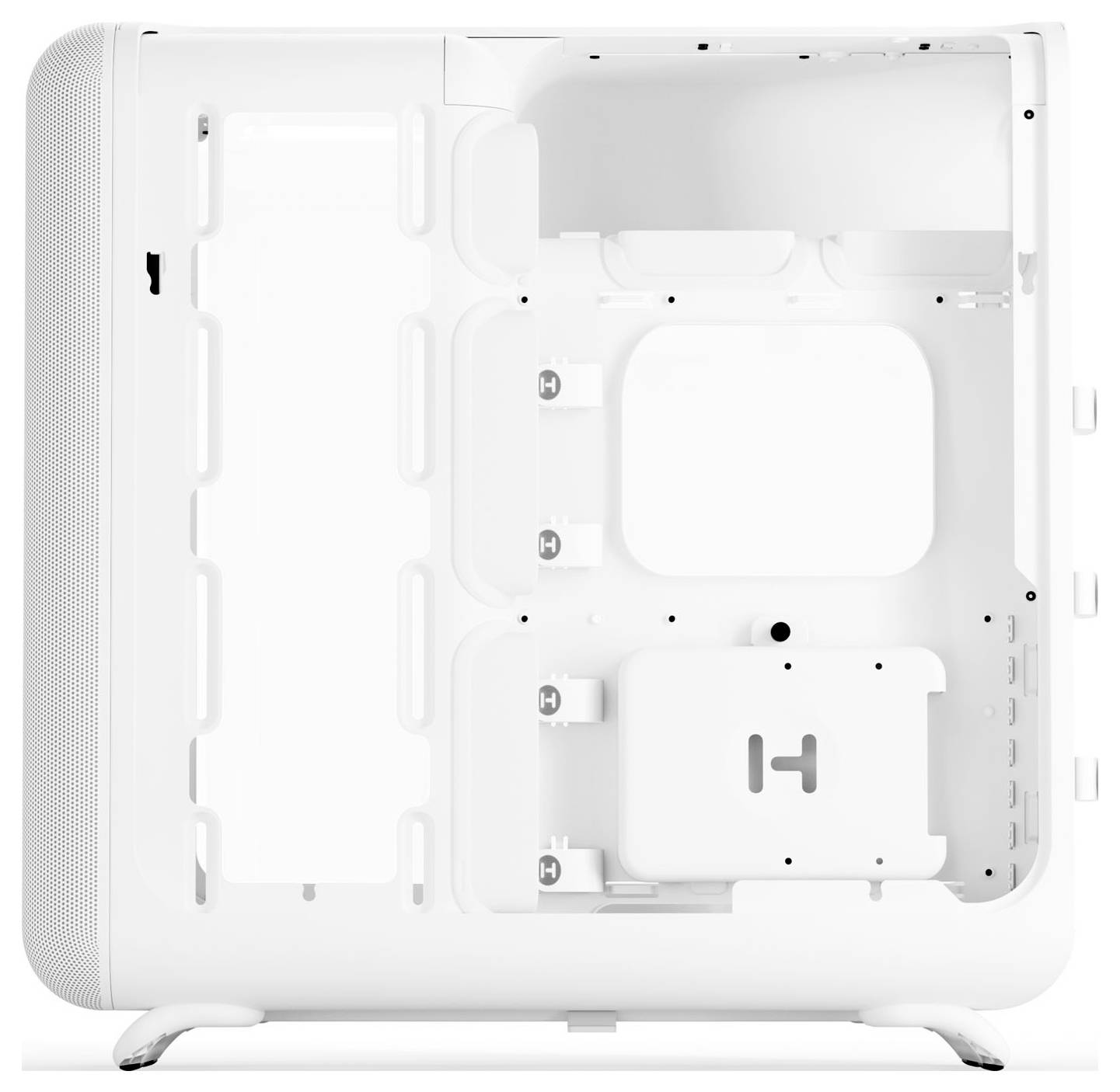 Un boîtier d'ordinateur blanc avec un panneau latéral ouvert, montrant plusieurs zones de montage pour les composants, adapté aux constructions de PC personnalisés.