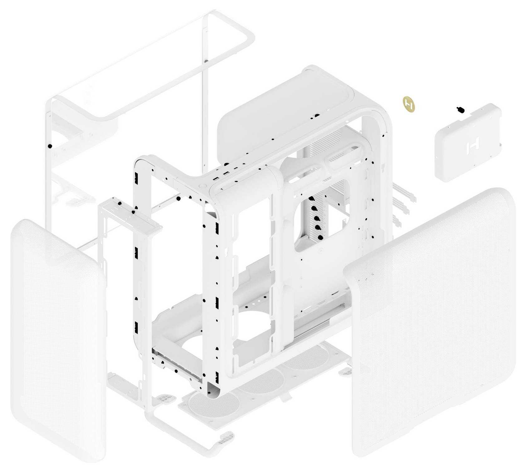 Vue éclatée d'un boîtier d'ordinateur montrant différents composants comme les panneaux, le châssis et les vis, illustrant la disposition de l'assemblage.