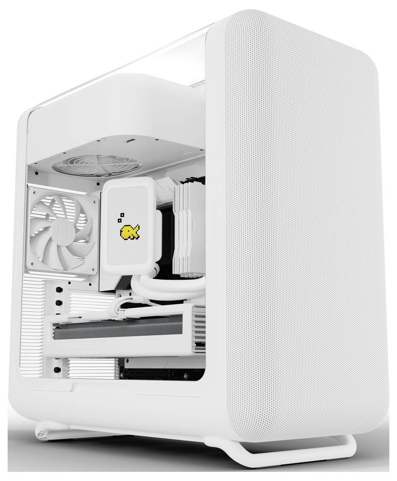Un boîtier d'ordinateur blanc élégant avec des composants internes visibles, comprenant un ventilateur et un système de refroidissement. Il présente un design compact avec un graphique de Pikachu.