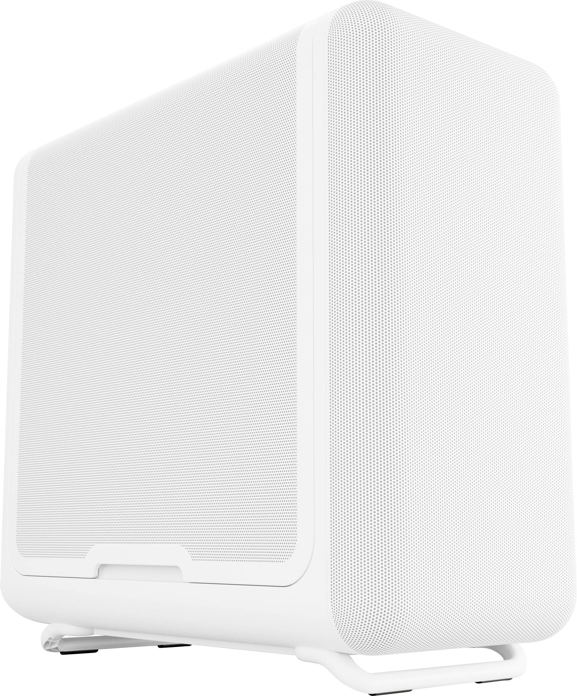 Un haut-parleur blanc rectangulaire minimaliste avec une façade en maille et un design épuré, posé sur un socle robuste.