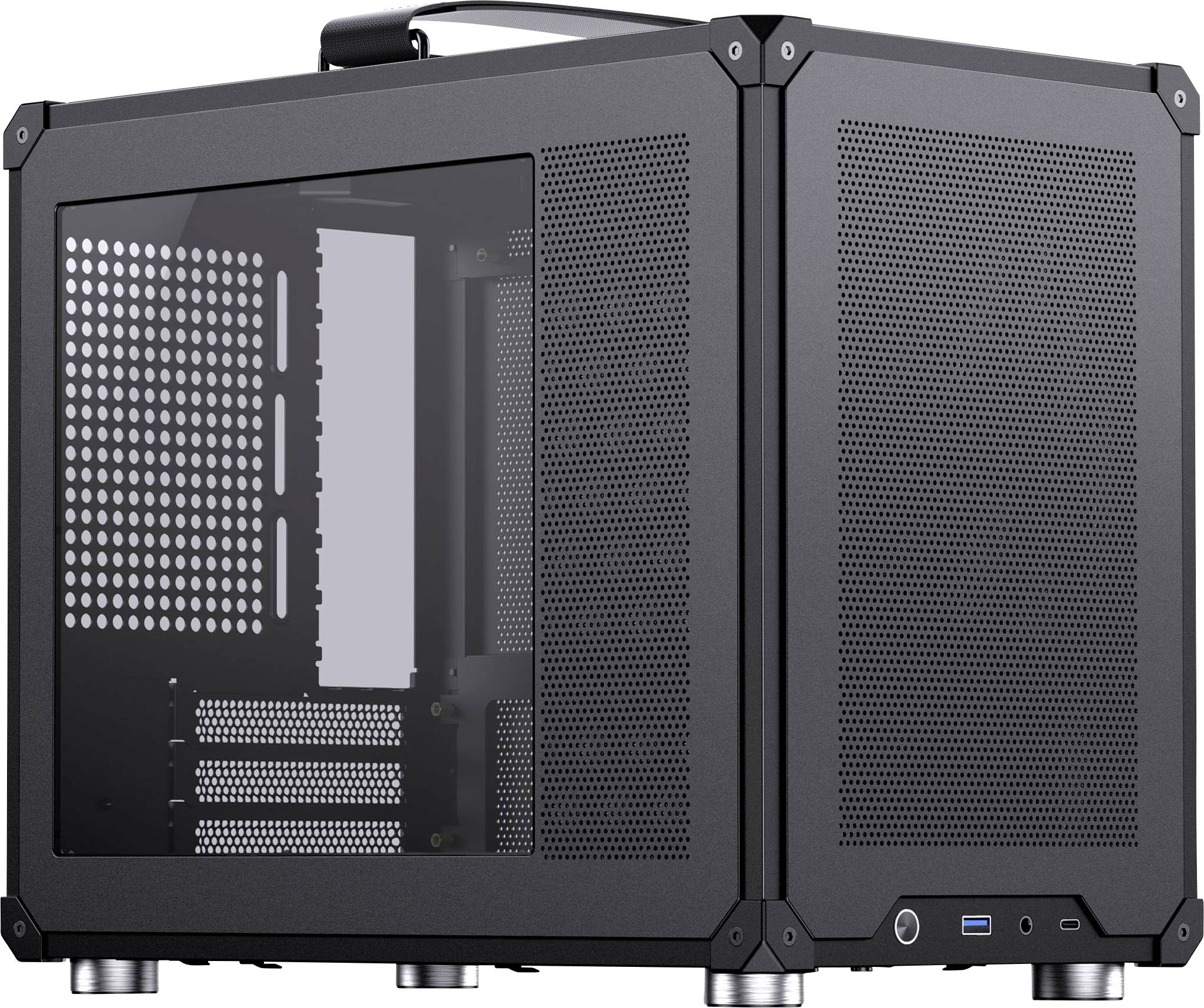 Un boîtier d'ordinateur noir avec un panneau latéral en verre et des trous de ventilation ; les caractéristiques comprennent un port USB, une poignée et un design compact en cube.