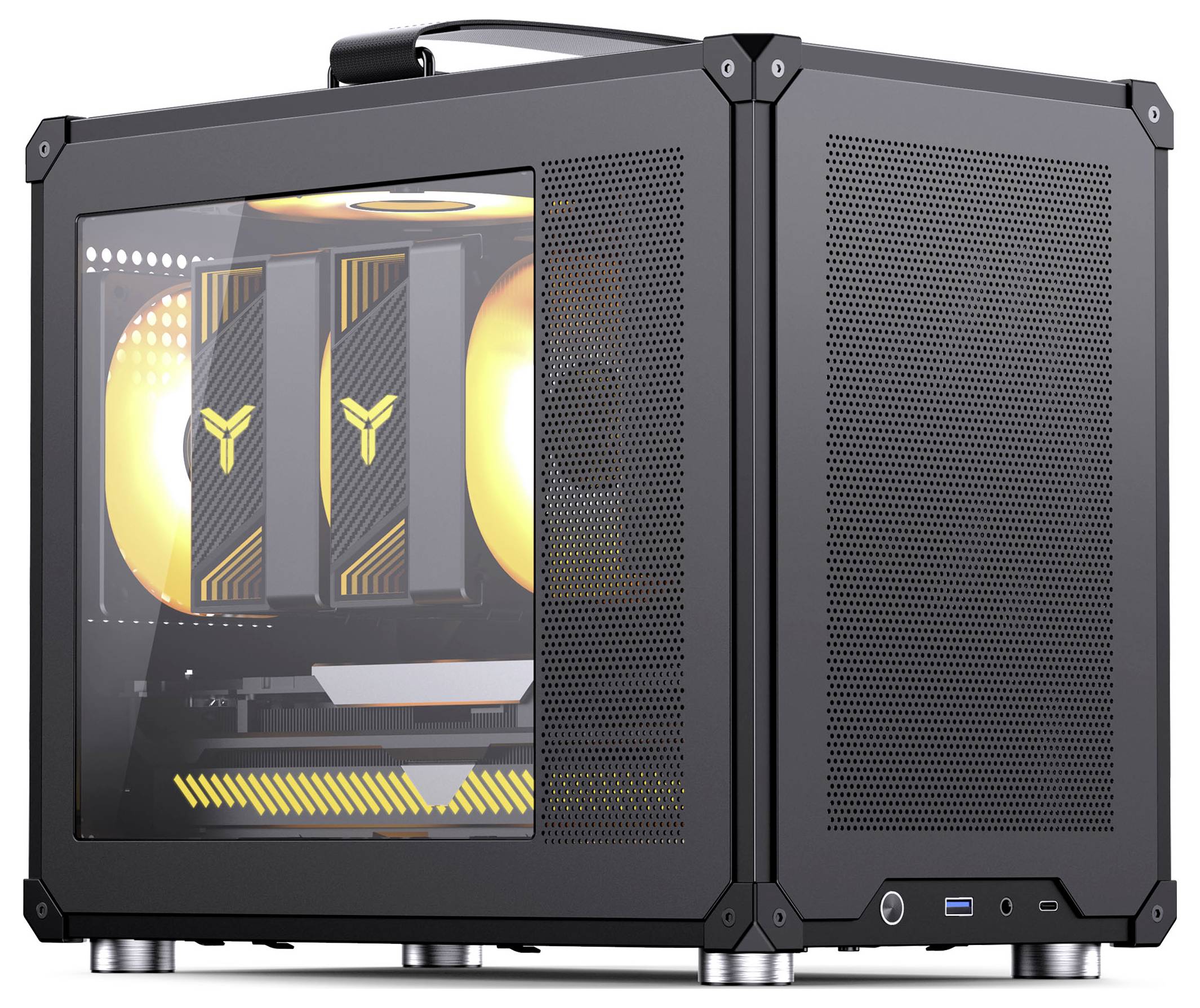 Un boîtier d'ordinateur noir en forme de cube avec un panneau latéral transparent montrant des ventilateurs de refroidissement éclairés par LED et une carte graphique avec des touches jaunes à l'intérieur.