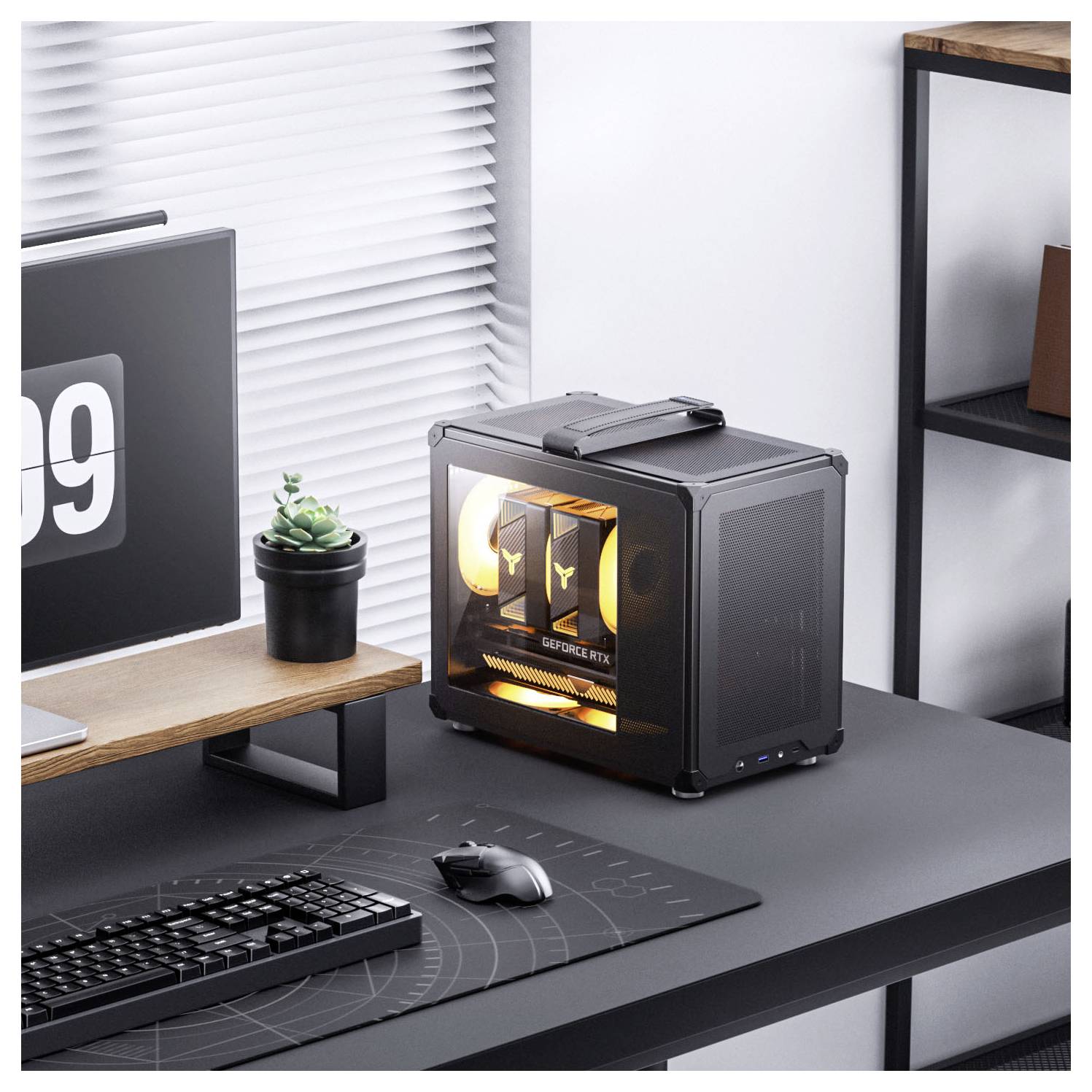 Un boîtier d'ordinateur compact noir avec des composants intérieurs lumineux est posé sur un bureau à côté d'une souris et d'une plante grasse, offrant une vue partielle d'un moniteur.