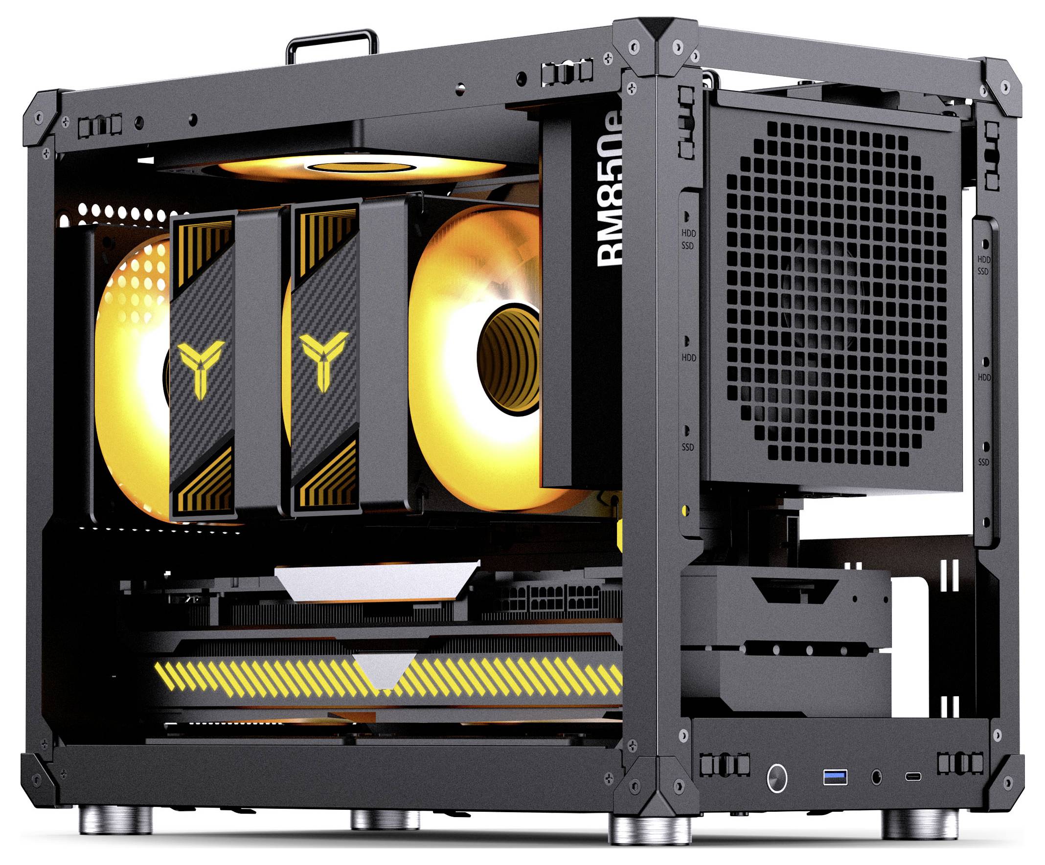 Un boîtier PC noir à structure ouverte avec deux ventilateurs de refroidissement orange lumineux, révélant des composants internes dont une carte graphique et une alimentation.