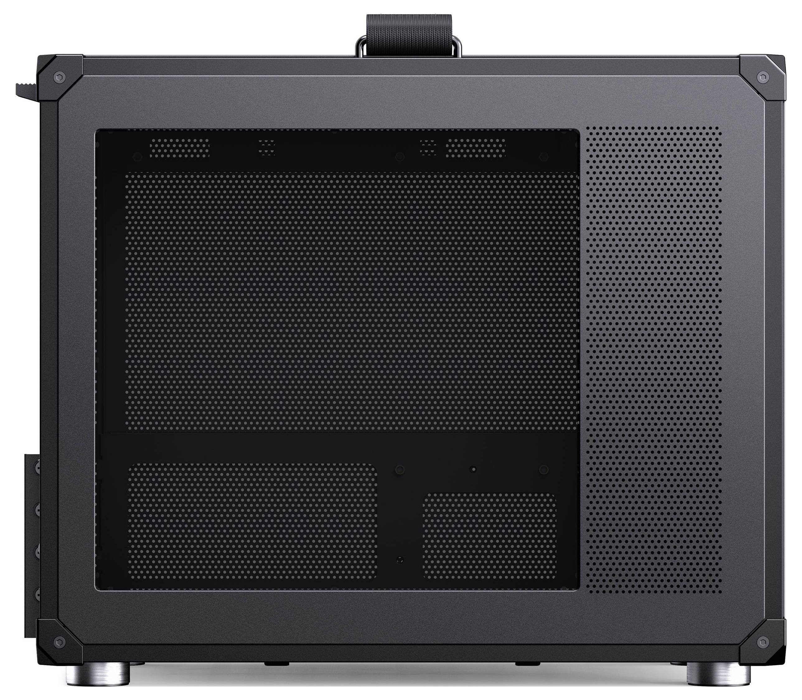 Un boîtier d'ordinateur rectangulaire noir avec un panneau latéral transparent et une section perforée, conçu pour héberger des composants informatiques, vu de côté.