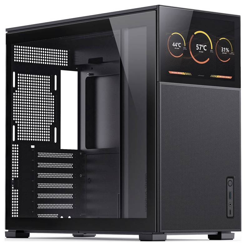 Un boîtier d'ordinateur en verre avec un écran numérique affichant la température et les pourcentages d'utilisation du processeur.