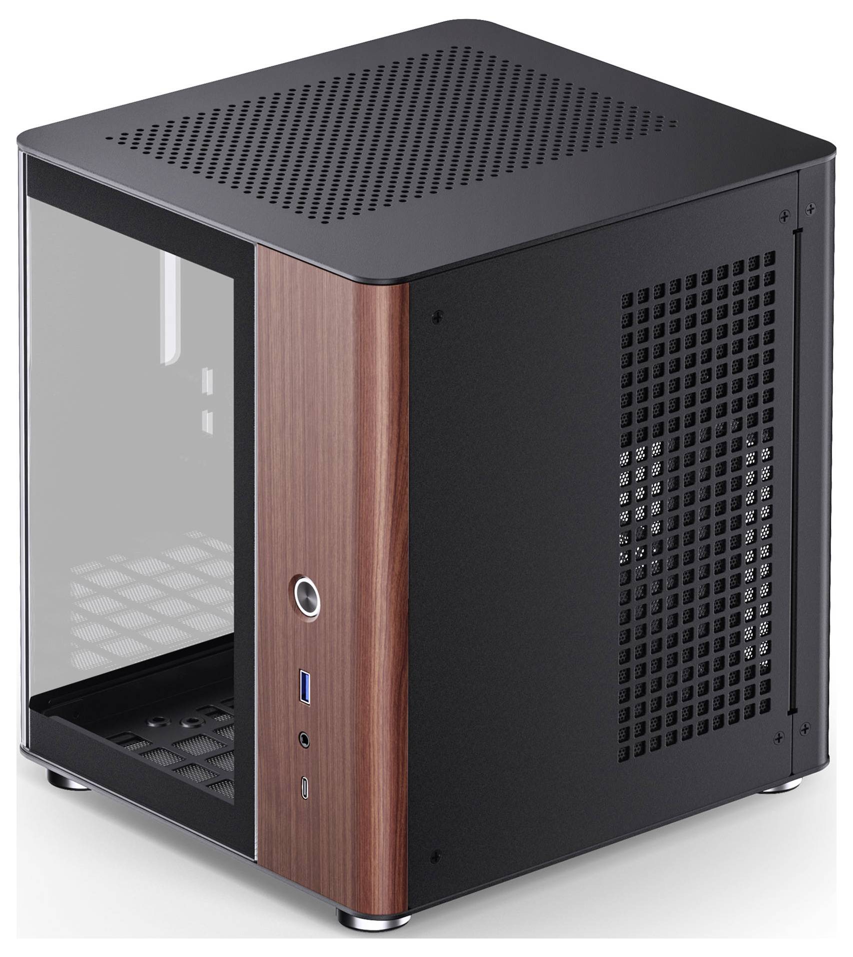 Un boîtier d'ordinateur compact, cubique, avec un panneau latéral transparent, un avant orné de bois, un bouton d'alimentation, un port USB et des fentes de ventilation.