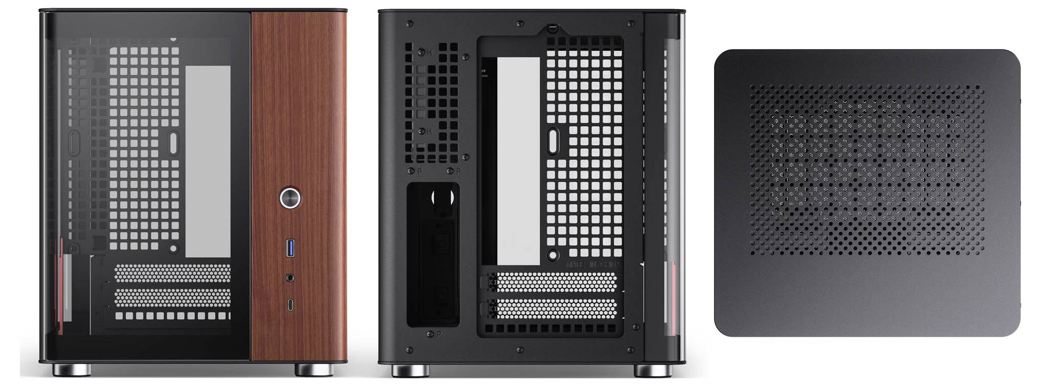 L'image montre un boîtier d'ordinateur avec un devant en panneaux de bois, plusieurs panneaux ventilés pour la circulation d'air, et plusieurs ouvertures de ports, soulignant un design moderne.