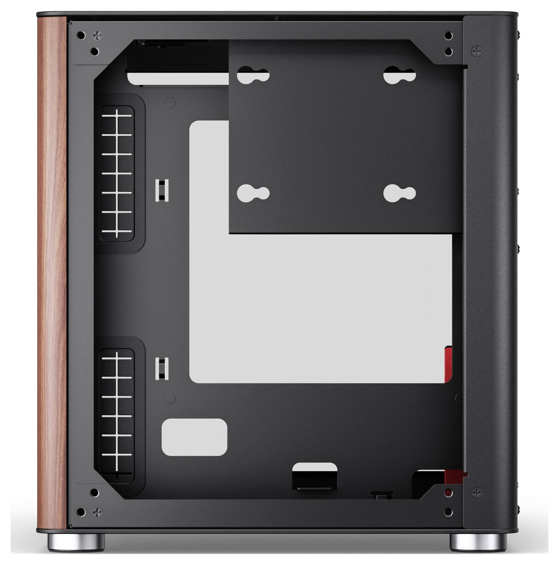 Un intérieur de boîtier d'ordinateur de bureau avec des emplacements de montage vides et un design épuré, agrémenté d'accents de bois sur un côté.