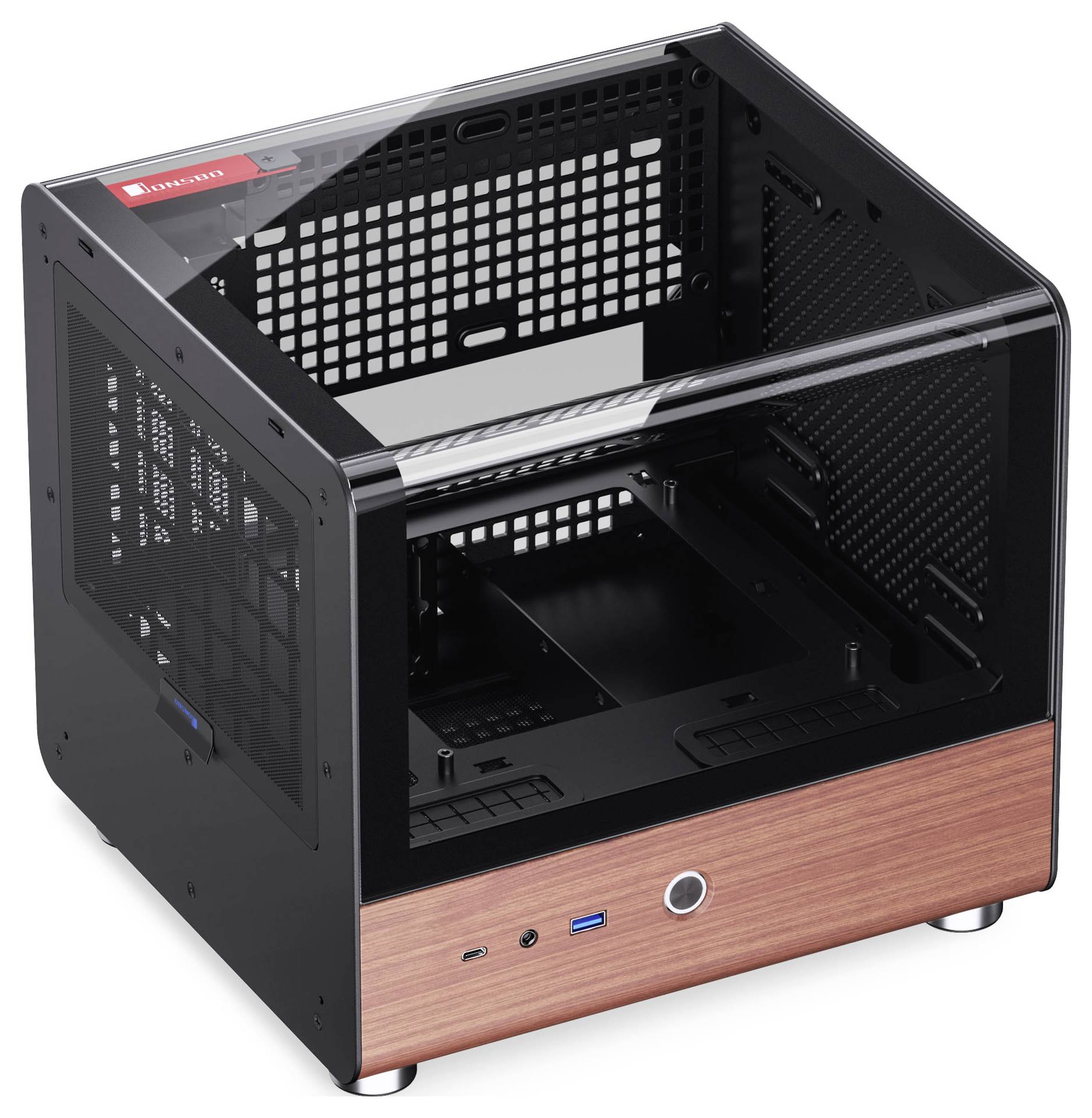 Un boîtier d'ordinateur compact, noir, avec des panneaux en maille et un devant en bois, doté d'un bouton d'alimentation et de ports USB, adapté aux configurations personnalisées.