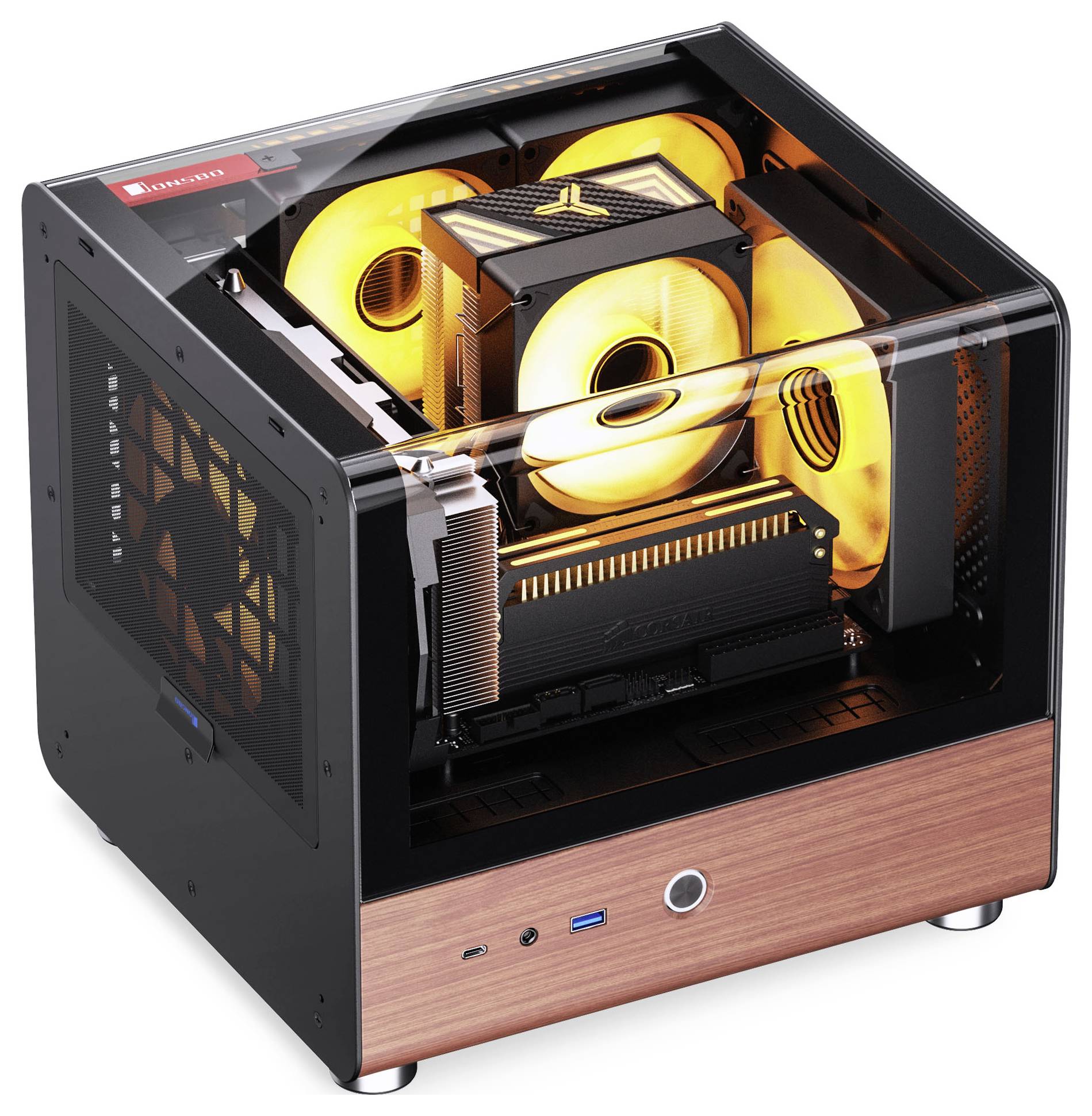 Un boîtier d'ordinateur compact avec des côtés en verre transparent, permettant de voir les composants internes, notamment des ventilateurs illuminés et un panneau avant en bois.
