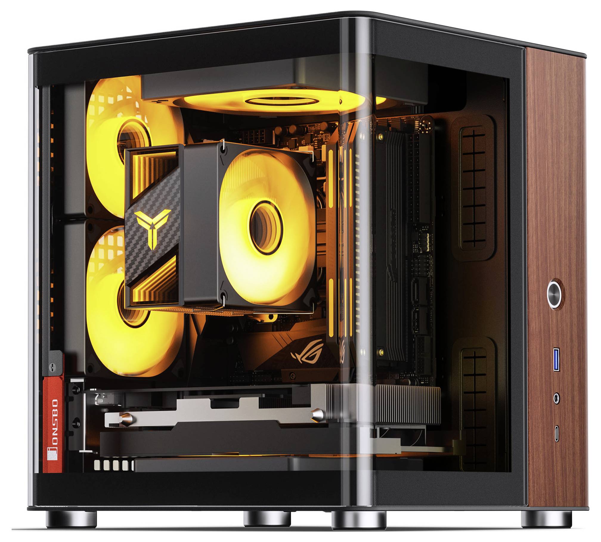 Un PC de jeu avec un panneau latéral transparent met en valeur des ventilateurs et des composants éclairés en orange, notamment une carte graphique et une carte mère, soulignant ses performances.