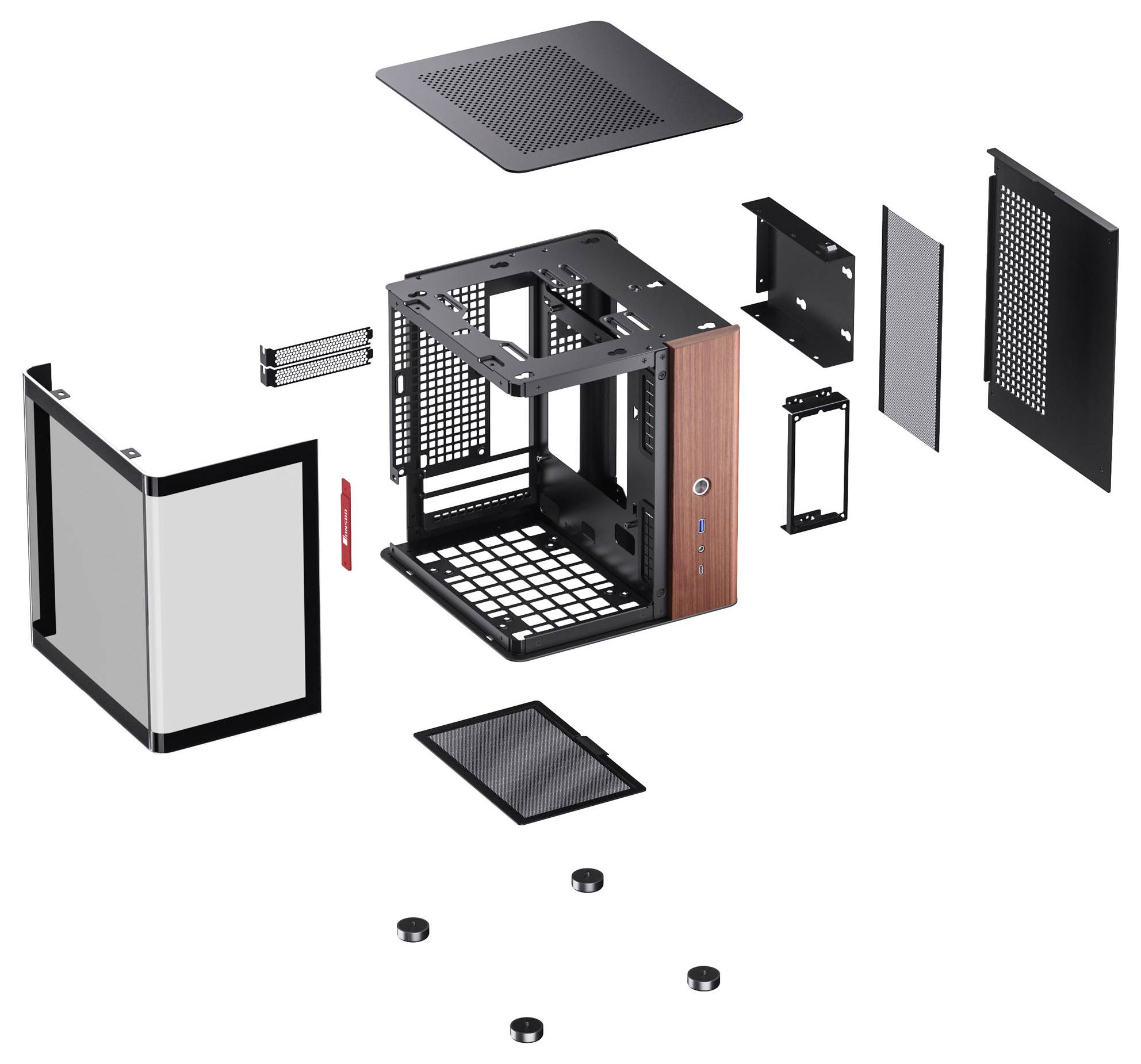 Vue éclatée d'un boîtier d'ordinateur compact montrant différentes pièces, dont un panneau avant en bois, des panneaux latéraux, un châssis et des vis.