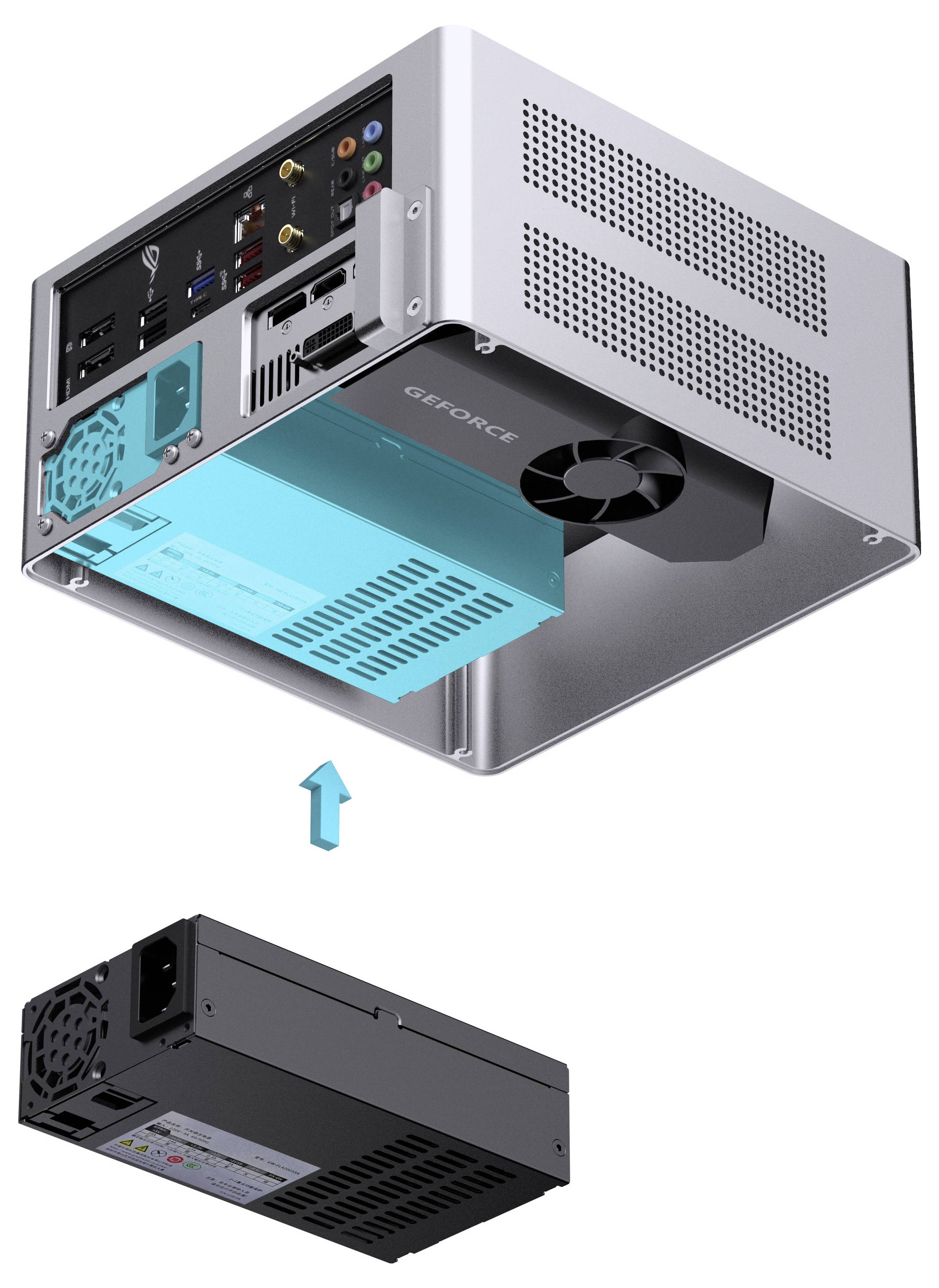 Un petit boîtier d'ordinateur avec des ports et une ventilation est montré du dessous. Une alimentation électrique est représentée en cours d'installation dans son compartiment.
