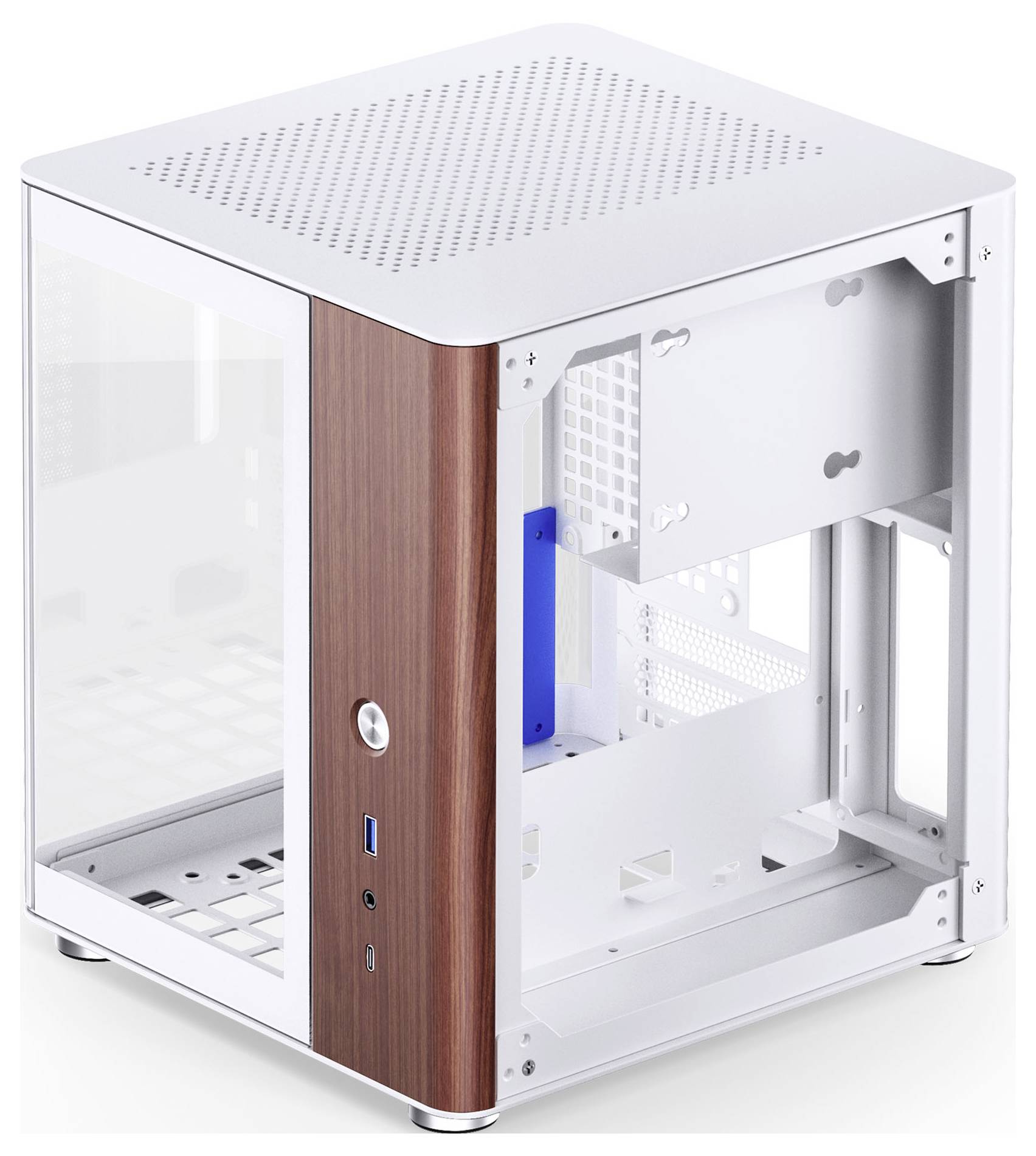 Un boîtier PC compact et cubique, avec des accents en bois et en métal, doté d'un panneau latéral transparent et de ports à l'avant.