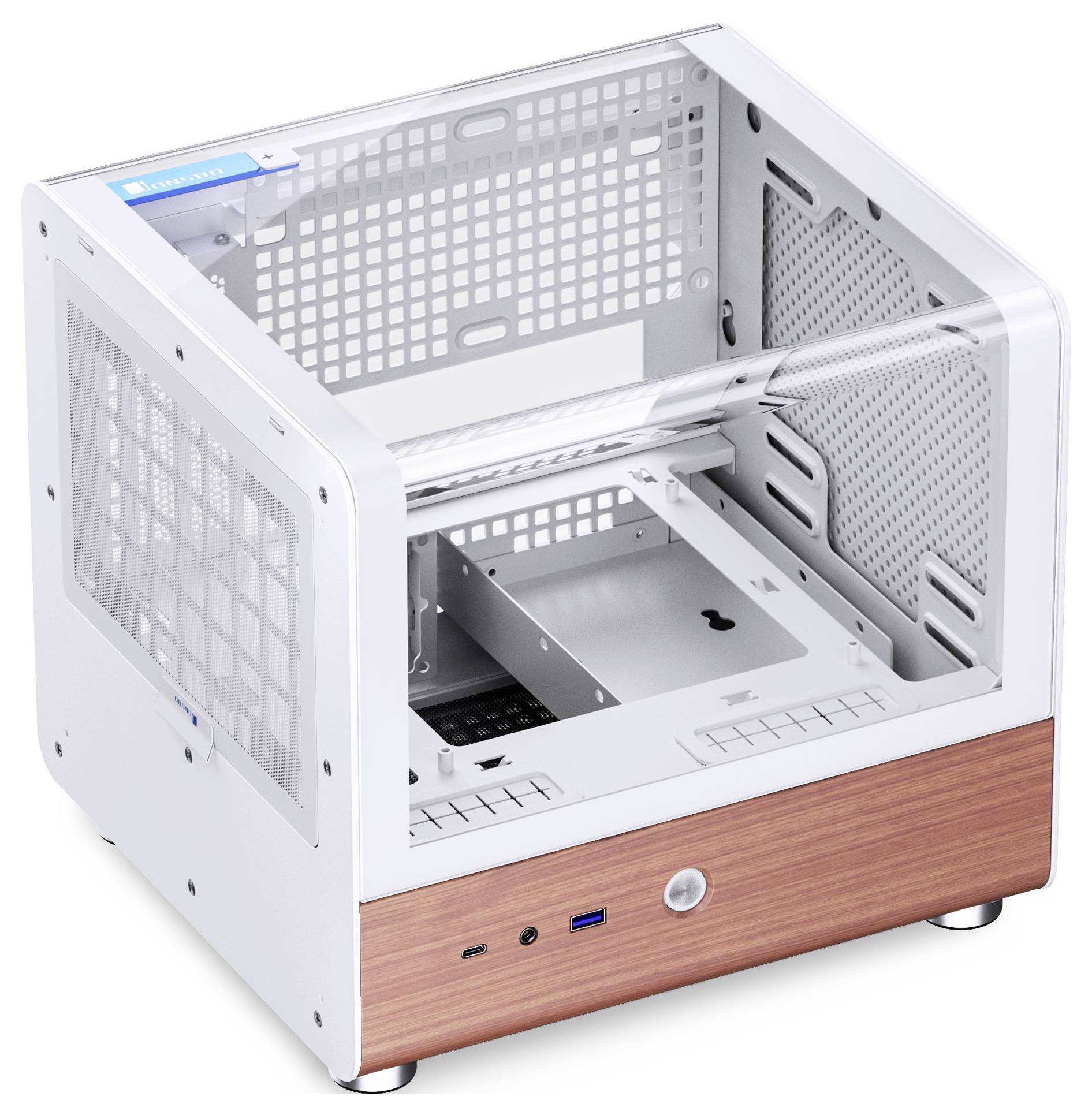 Un boîtier d'ordinateur blanc avec un panneau latéral transparent, présentant un design minimaliste et un accent en bois à la base. Il dispose de plusieurs grilles de ventilation.