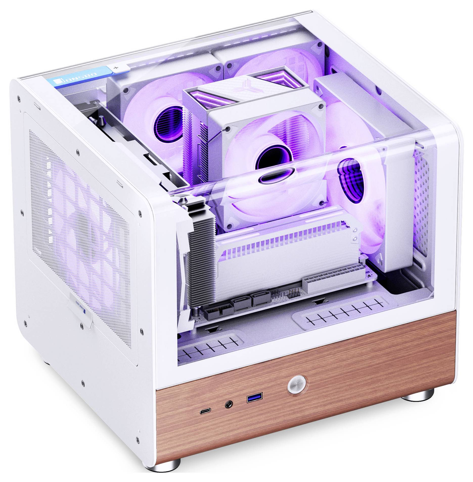 Un ordinateur de bureau compact et minimaliste à l'intérieur d'un boîtier transparent, doté d'un éclairage LED violet, mettant en valeur les ventilateurs de refroidissement et des composants modernes.