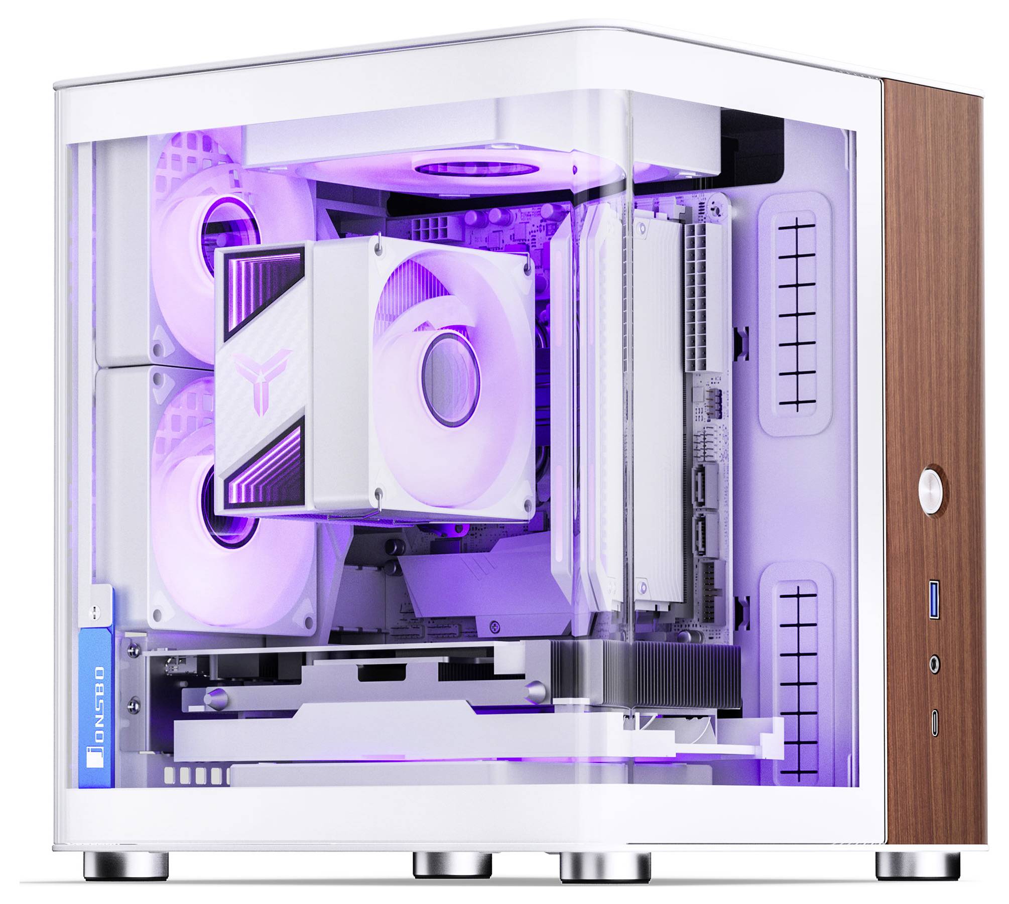 Une tour d'ordinateur blanche élégante avec des panneaux transparents, révélant des composants éclairés par des lumières LED violettes, dans un design moderne.