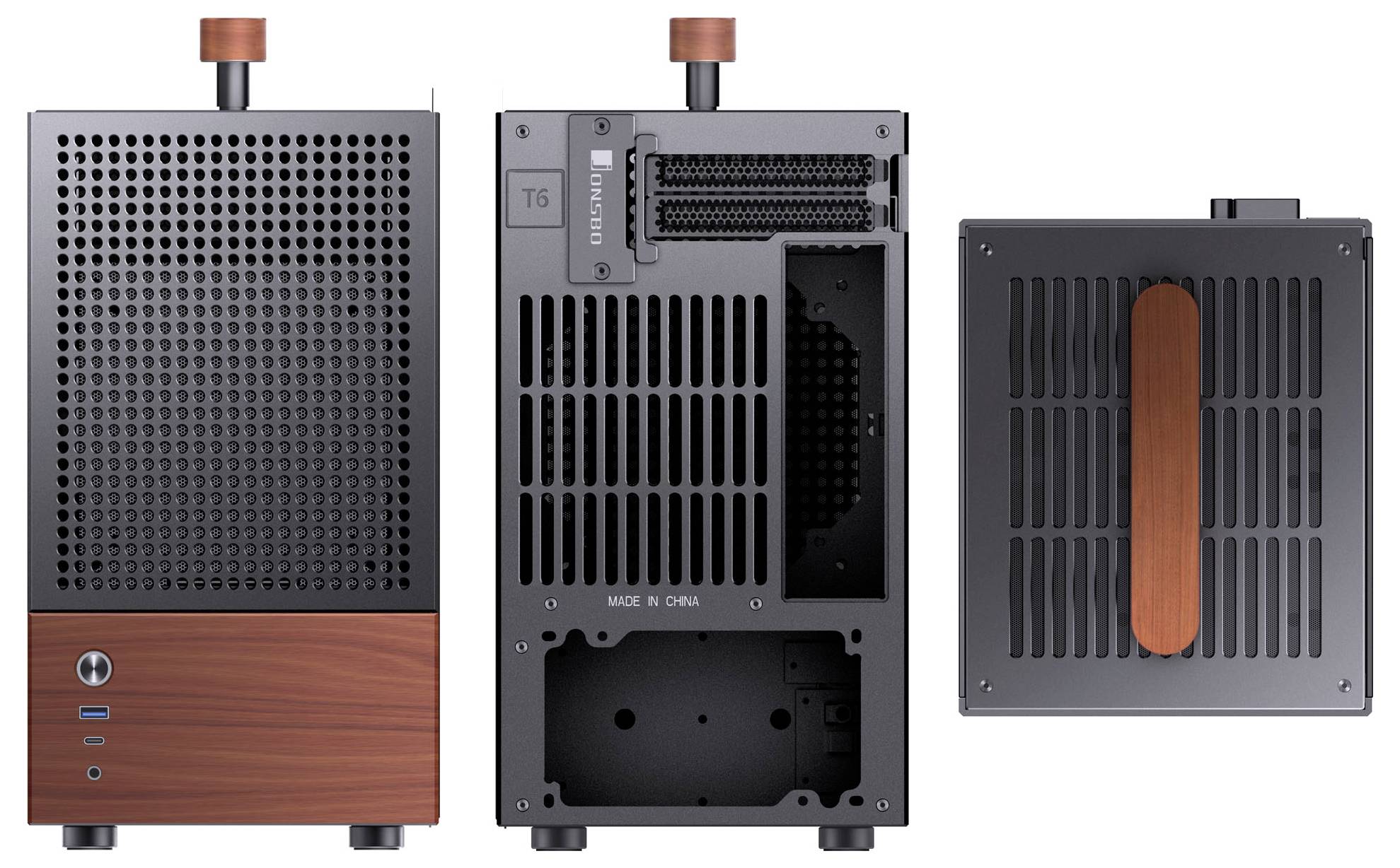 Châssis d'ordinateur avec finition en bois et métal noir, présentant des trous de ventilation et des ports USB à l'avant, montré sous les vues de face, de dos et de dessus.