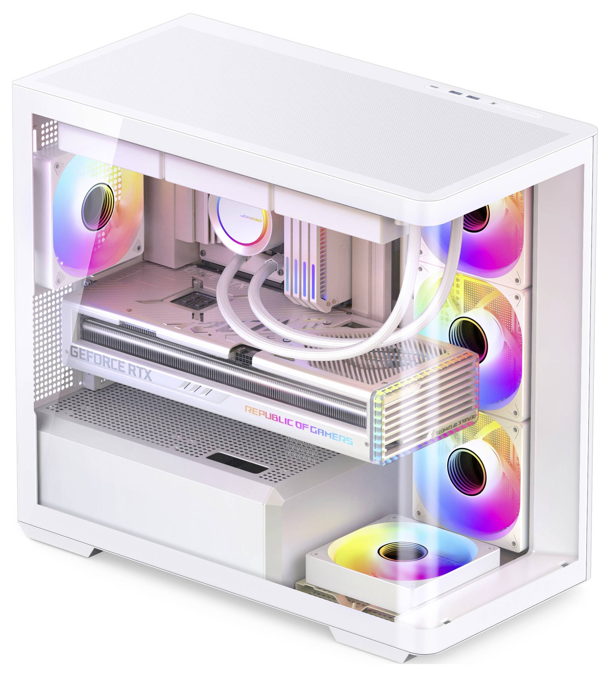 Un boîtier de PC gamer blanc avec un panneau transparent met en valeur les composants internes, notamment une carte graphique éclairée par RGB et des ventilateurs de refroidissement.