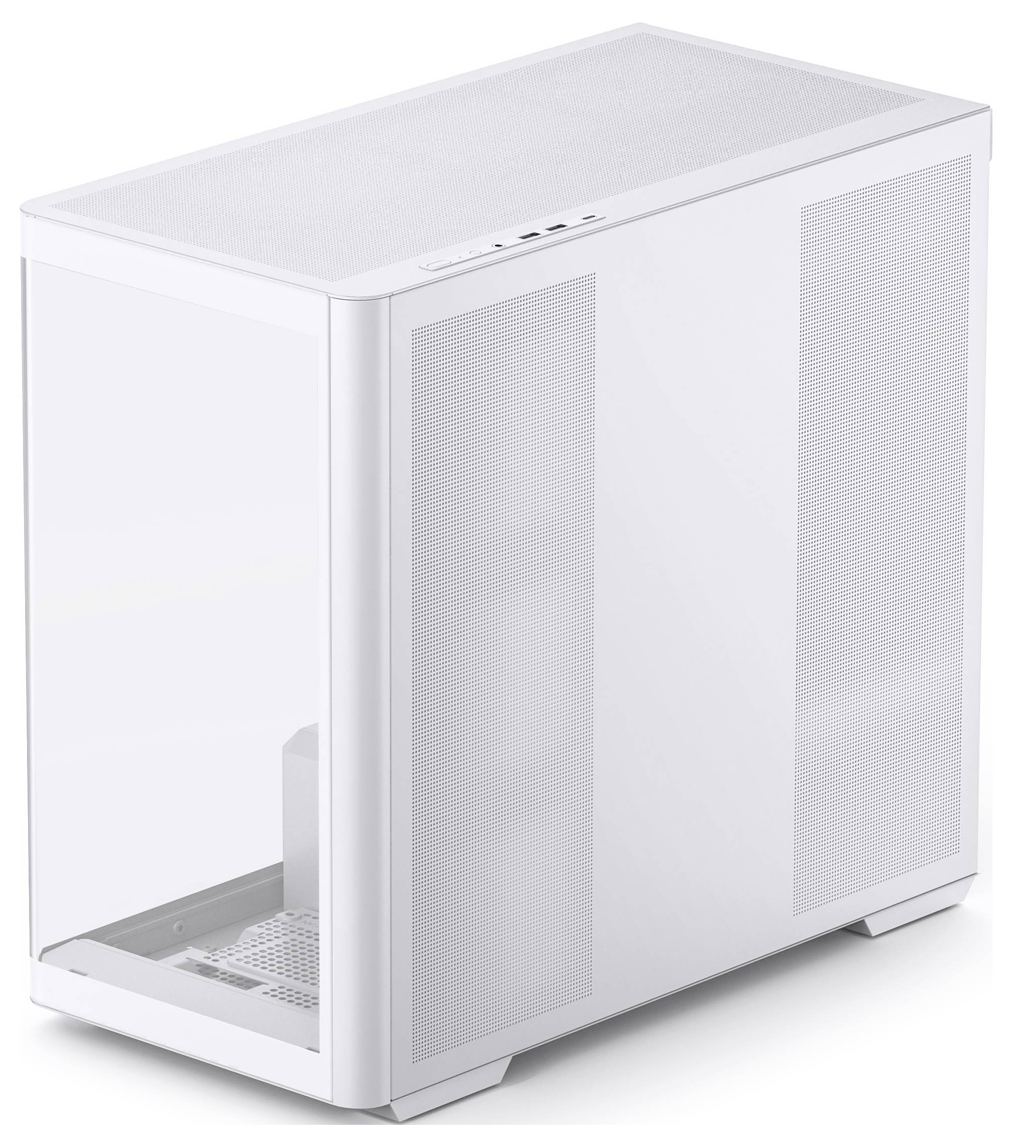 Un boîtier d'ordinateur blanc avec un panneau avant et supérieur en maille pour la circulation de l'air et un panneau latéral transparent, offrant une visibilité des composants intérieurs.