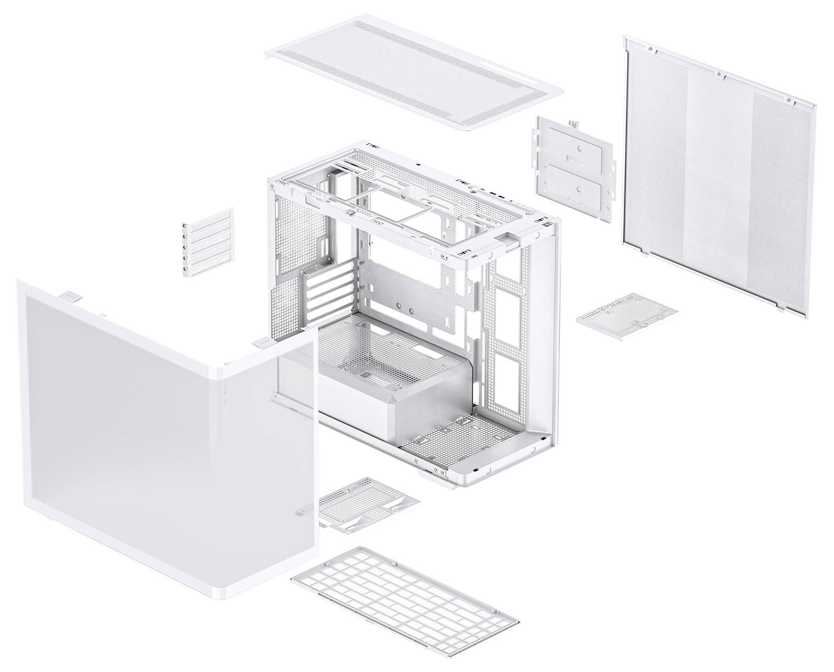 Vue éclatée d'un boîtier d'ordinateur, montrant des composants tels que les panneaux, le châssis et le maillage en détail, mettant en évidence sa conception modulaire.