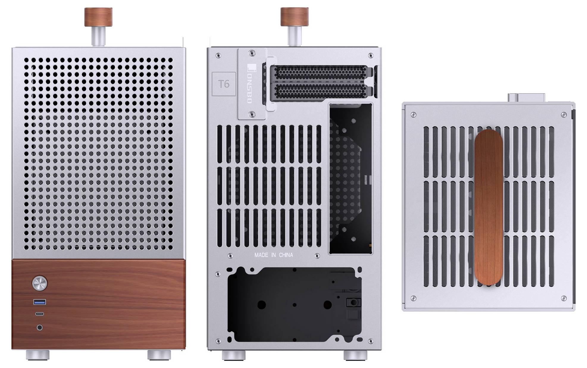 Un boîtier d'ordinateur compact, aux tons argent et bois, doté de panneaux perforés, d'un bouton d'alimentation et d'un intérieur ouvert pour l'installation de composants matériels.