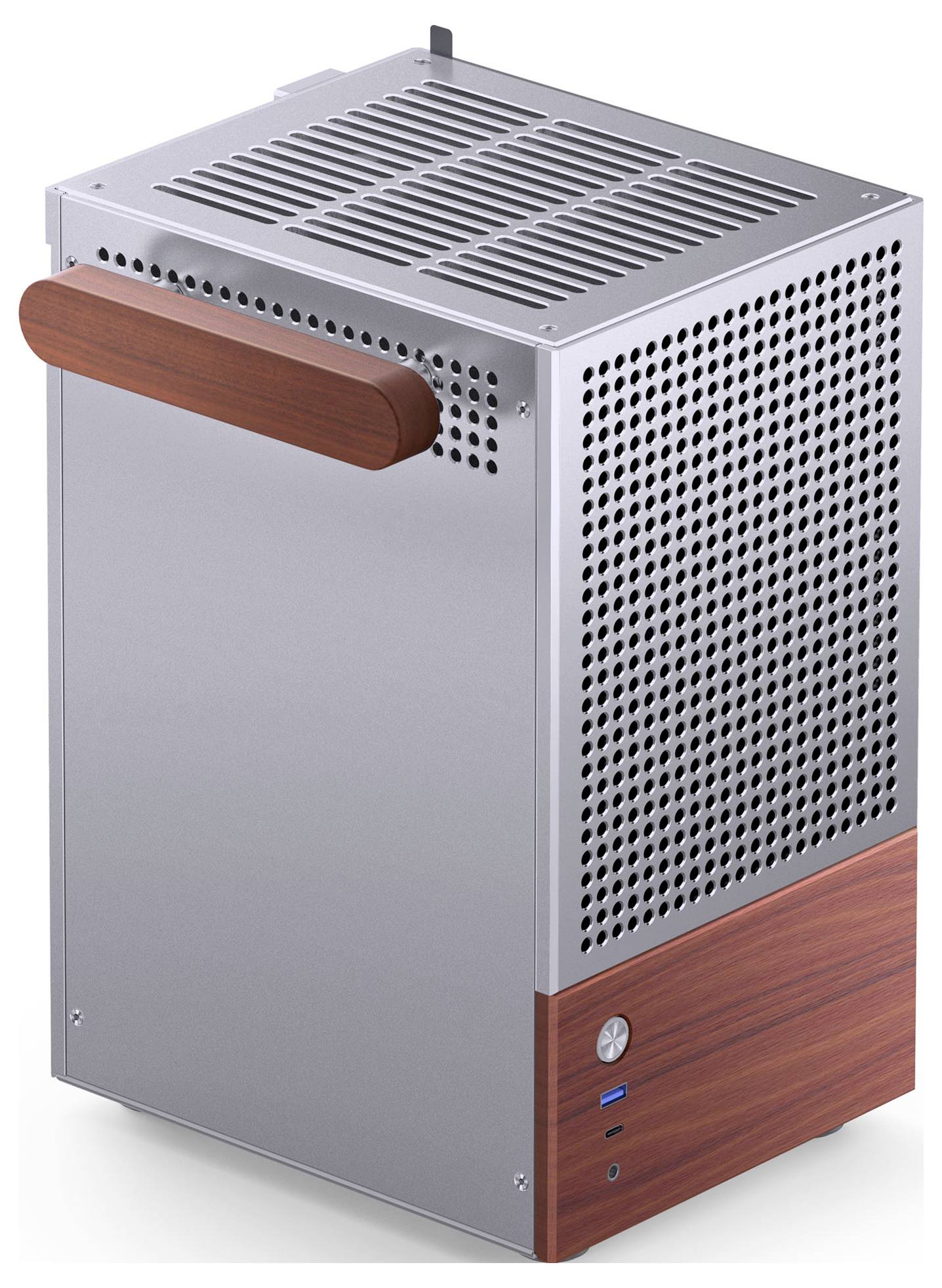 Un boîtier d'ordinateur en argent et en bois, avec des trous de ventilation et une poignée en bois, équipé de ports USB frontaux et d'un bouton d'alimentation.