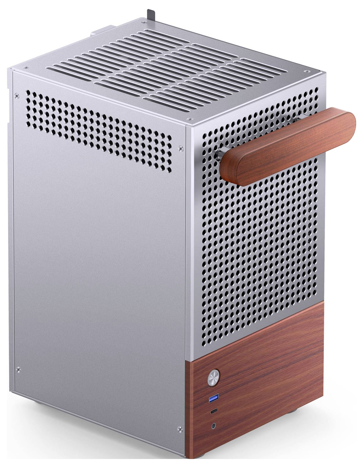 Une tour d'ordinateur argentée avec des trous de ventilation, des touches en bois, une poignée métallique et des ports orientés vers l'avant.