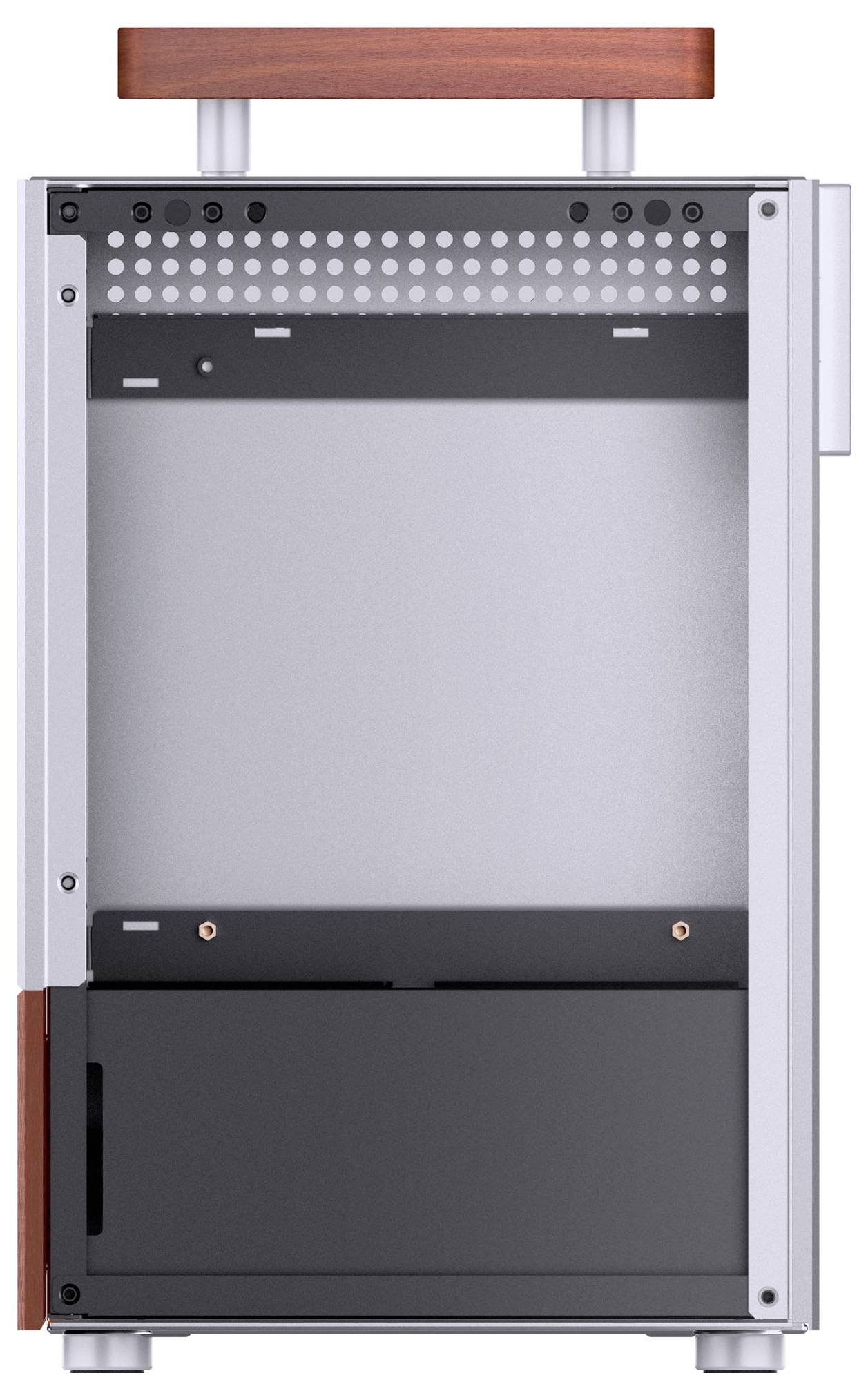 Un boîtier d'ordinateur minimaliste, ouvert, en argent et noir avec une poignée en bois sur le dessus, conçu pour des configurations PC compactes.