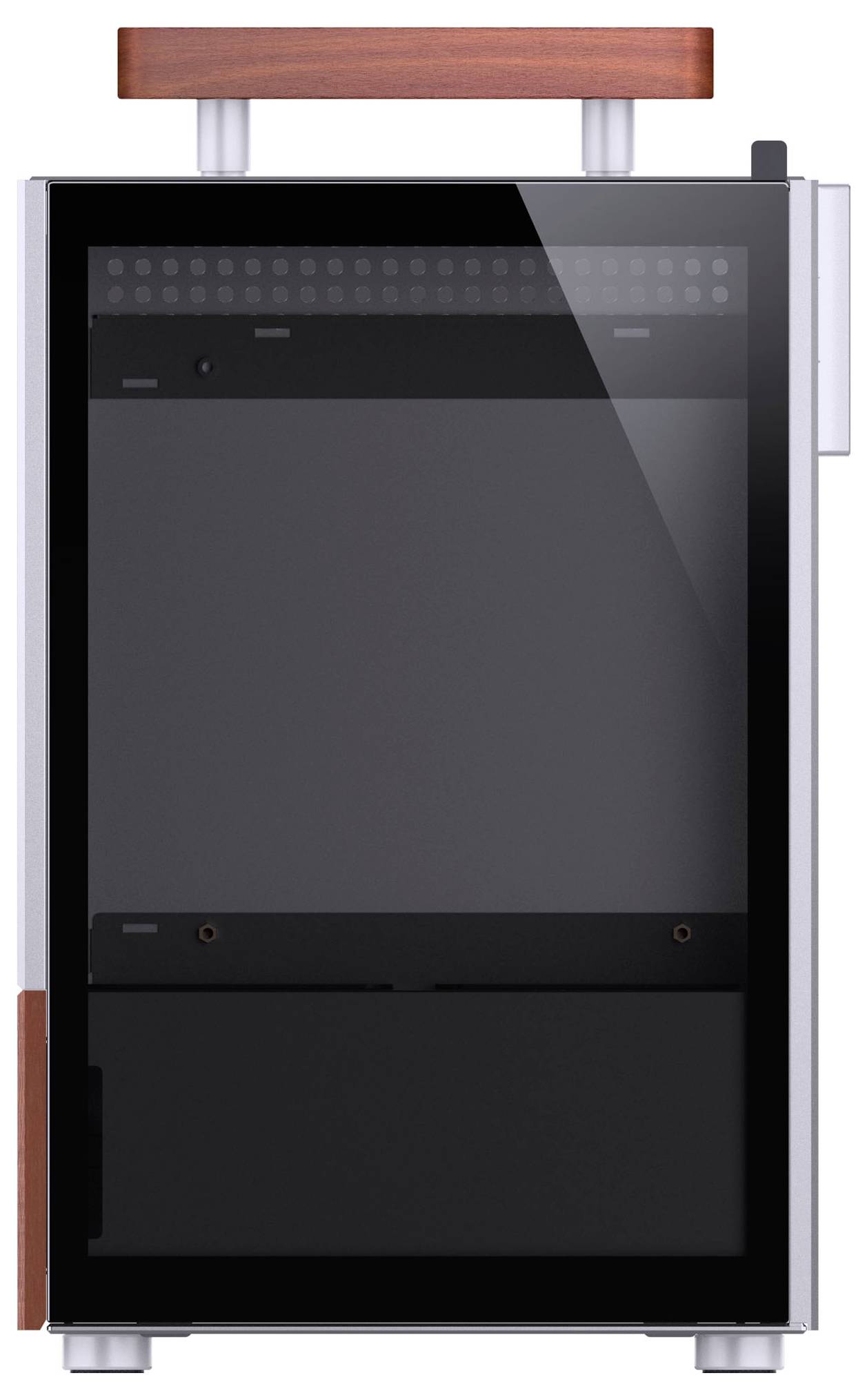 Un réfrigérateur à vin compact et moderne, doté d'une porte en verre et d'une poignée en bois, conçu pour le stockage et la présentation des bouteilles de vin.