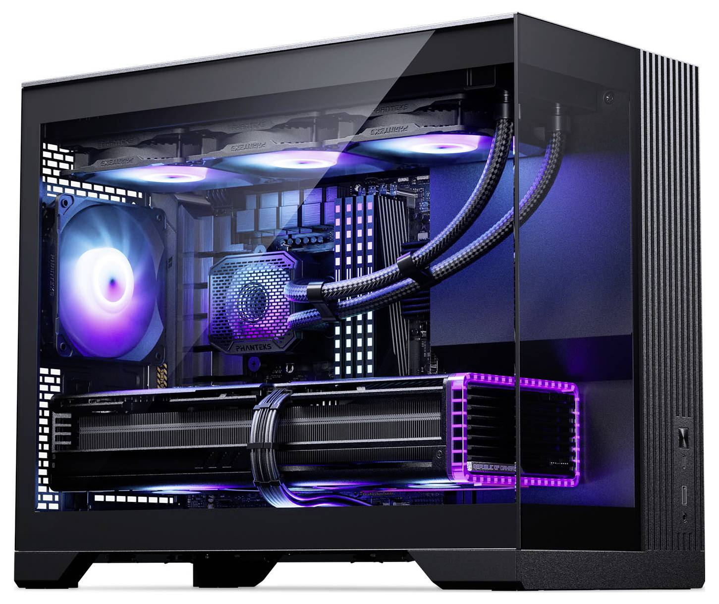 Un PC gaming élégant avec un panneau latéral transparent mettant en valeur les composants internes, un éclairage RVB et un système de refroidissement avancé.