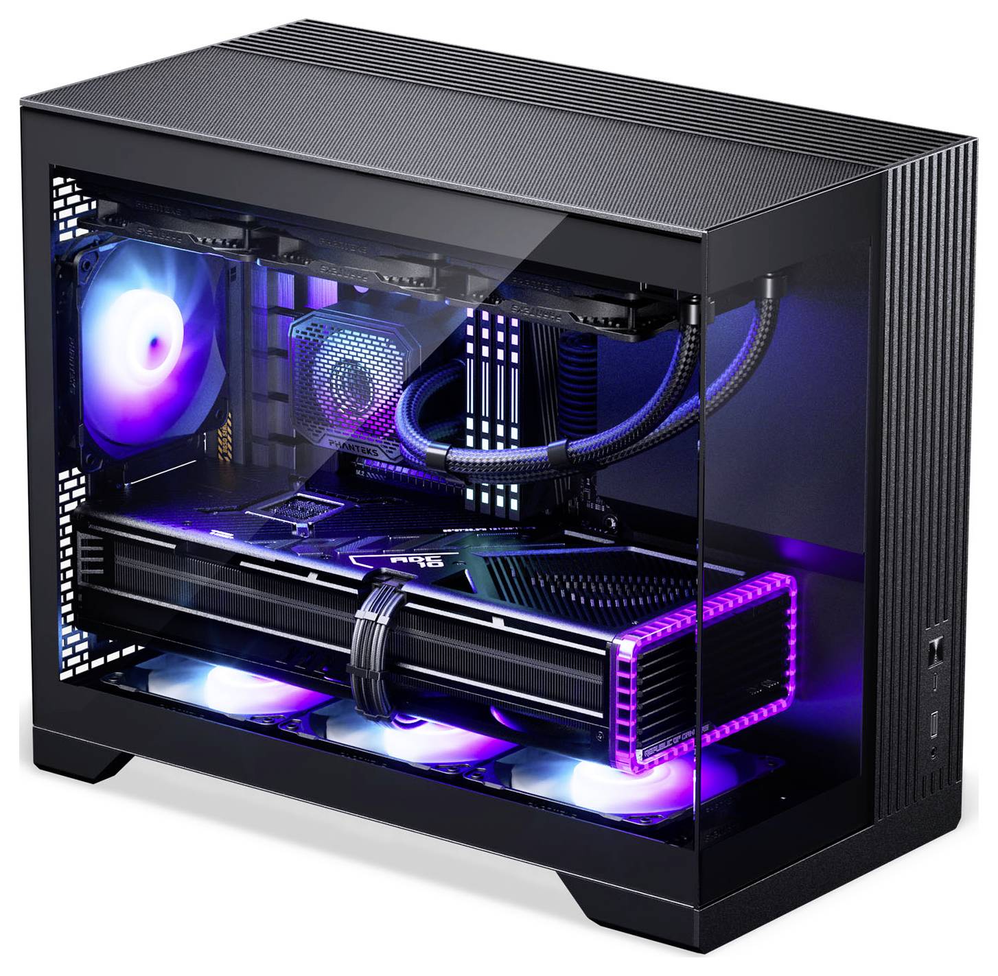 Un PC gaming élégant avec un panneau latéral transparent, mettant en valeur des composants éclairés par RGB, notamment une carte graphique, des ventilateurs de refroidissement et une carte mère.